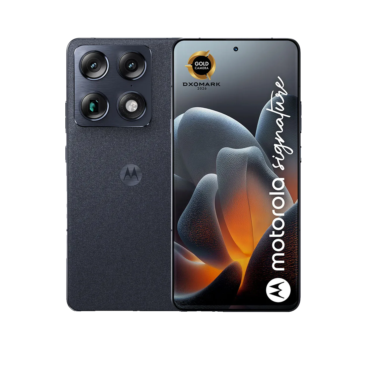 Widok z przodu i z tyłu czarnego smartfona Motorola z poczwórnym aparatem i kolorowym ekranem.