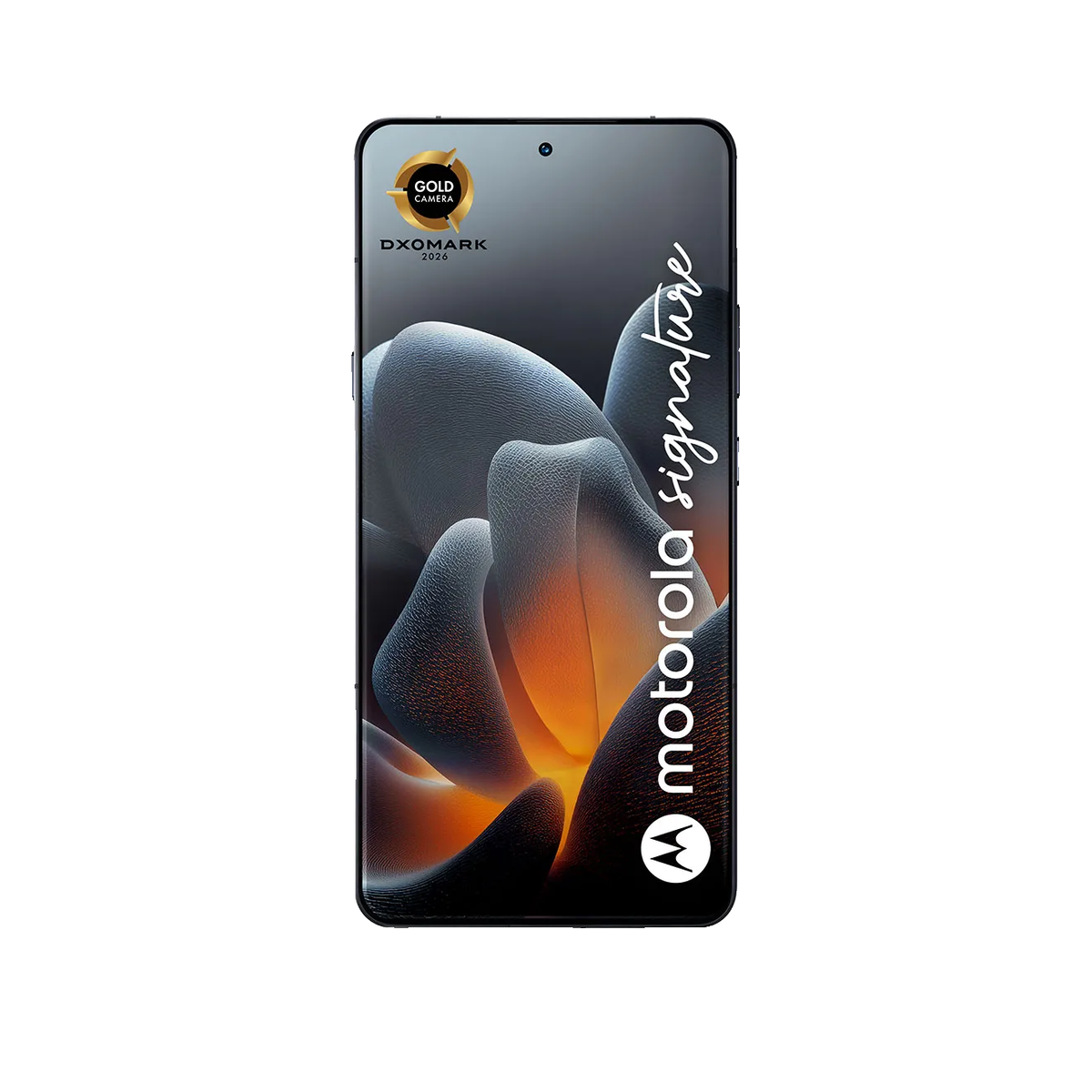 Smartfon Motorola z czarną ramką i kolorowym abstrakcyjnym tłem na ekranie.