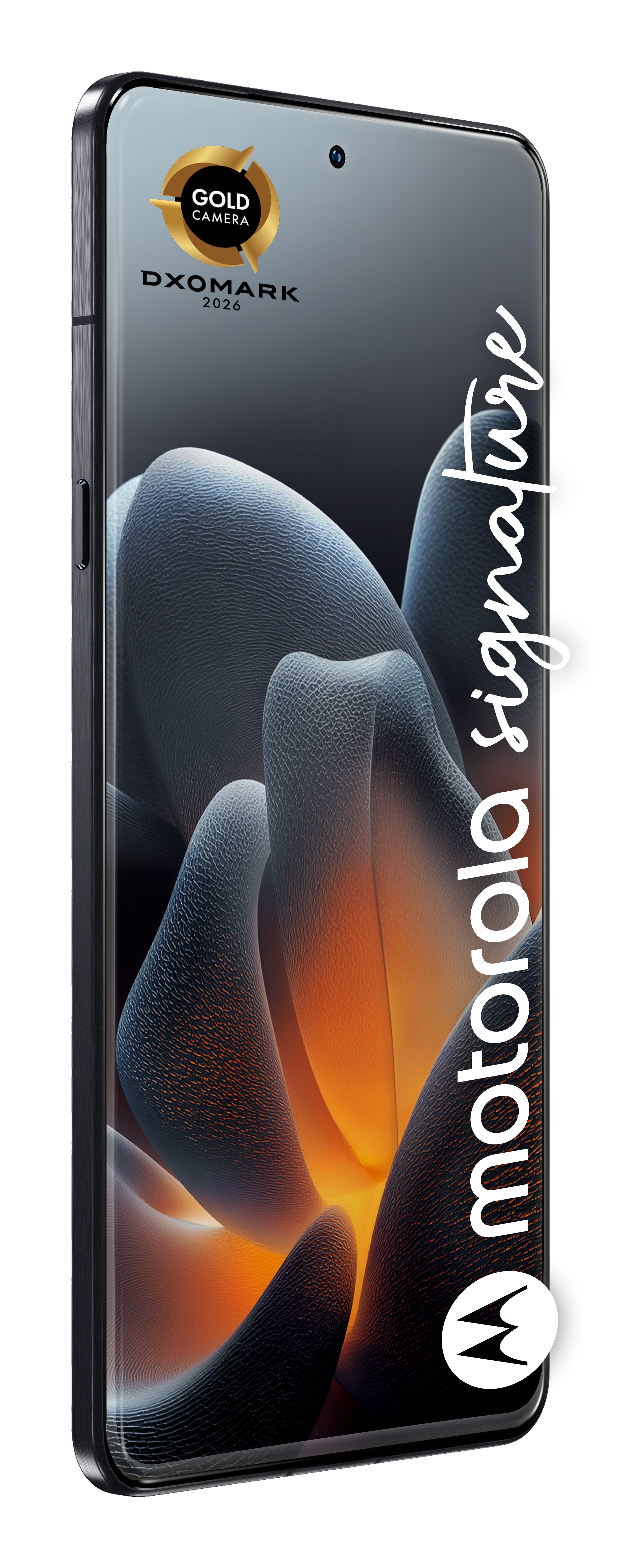 Smartfon Motorola z czarną ramką, kolorowym abstrakcyjnym tłem, złotym logo aparatu DXOMARK i podpisem Motorola.