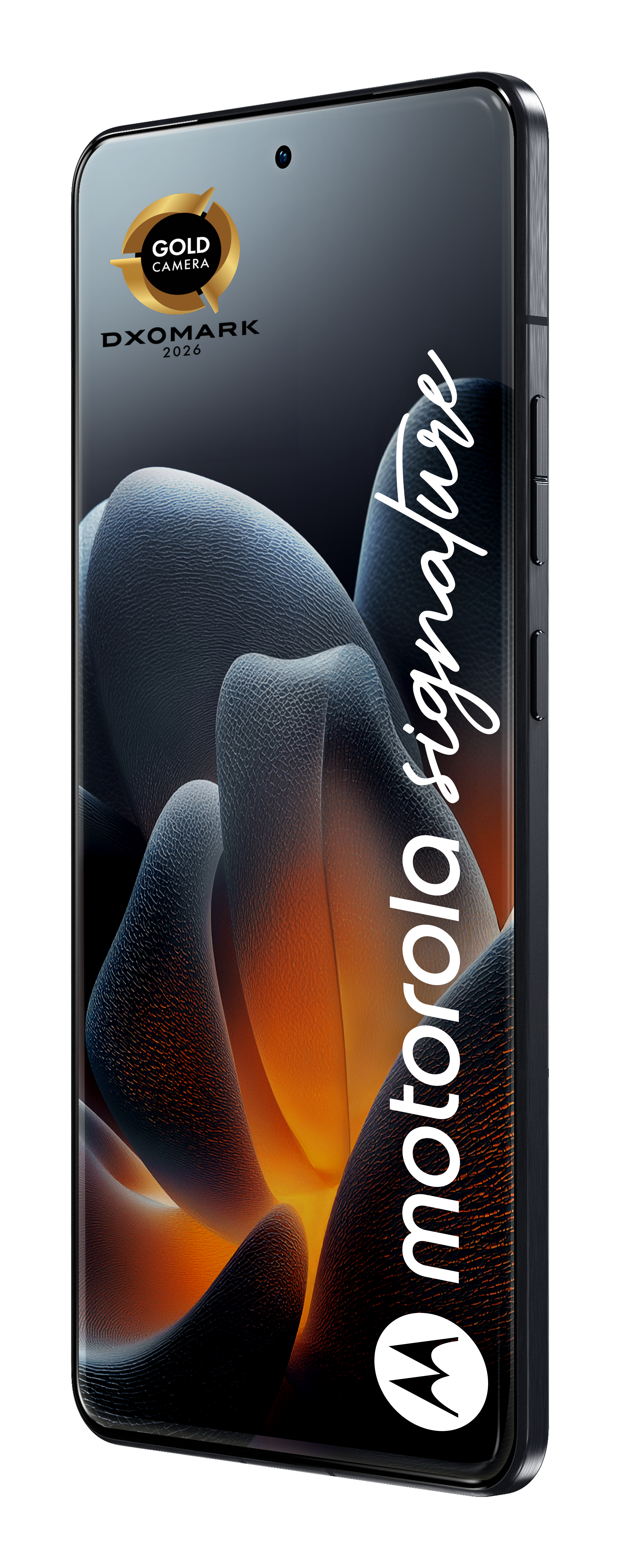 Smartfon wyświetla kolorową grafikę, złotą nagrodę aparatu i napis Motorola.