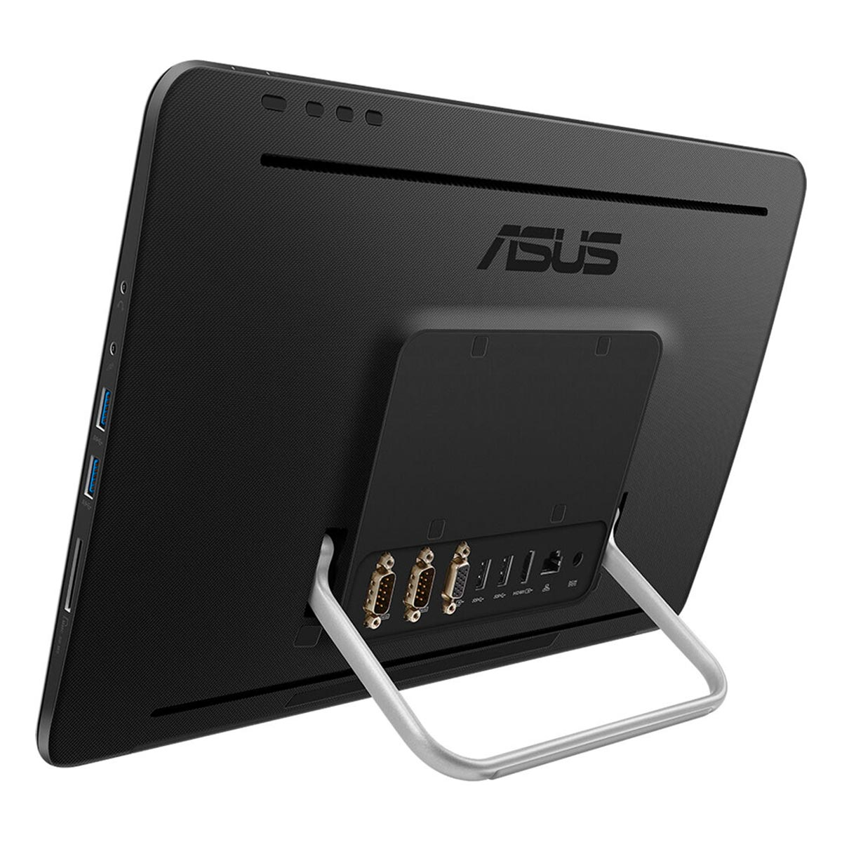 Widok z tyłu czarnego monitora ASUS z wbudowaną srebrną podstawą i różnymi portami.