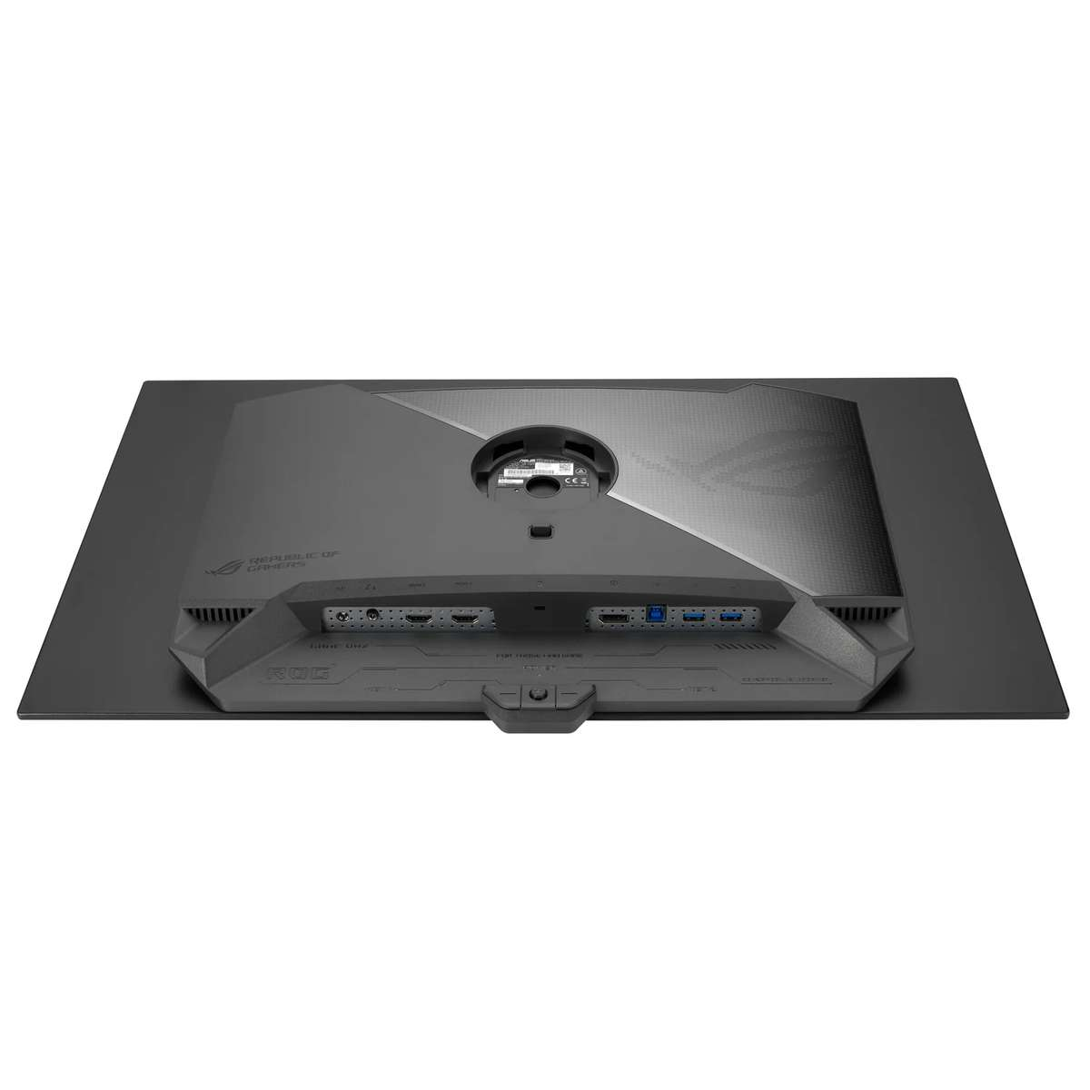 Vista posteriore di un monitor per computer grigio con porte di ingresso e attacco per supporto su sfondo bianco.