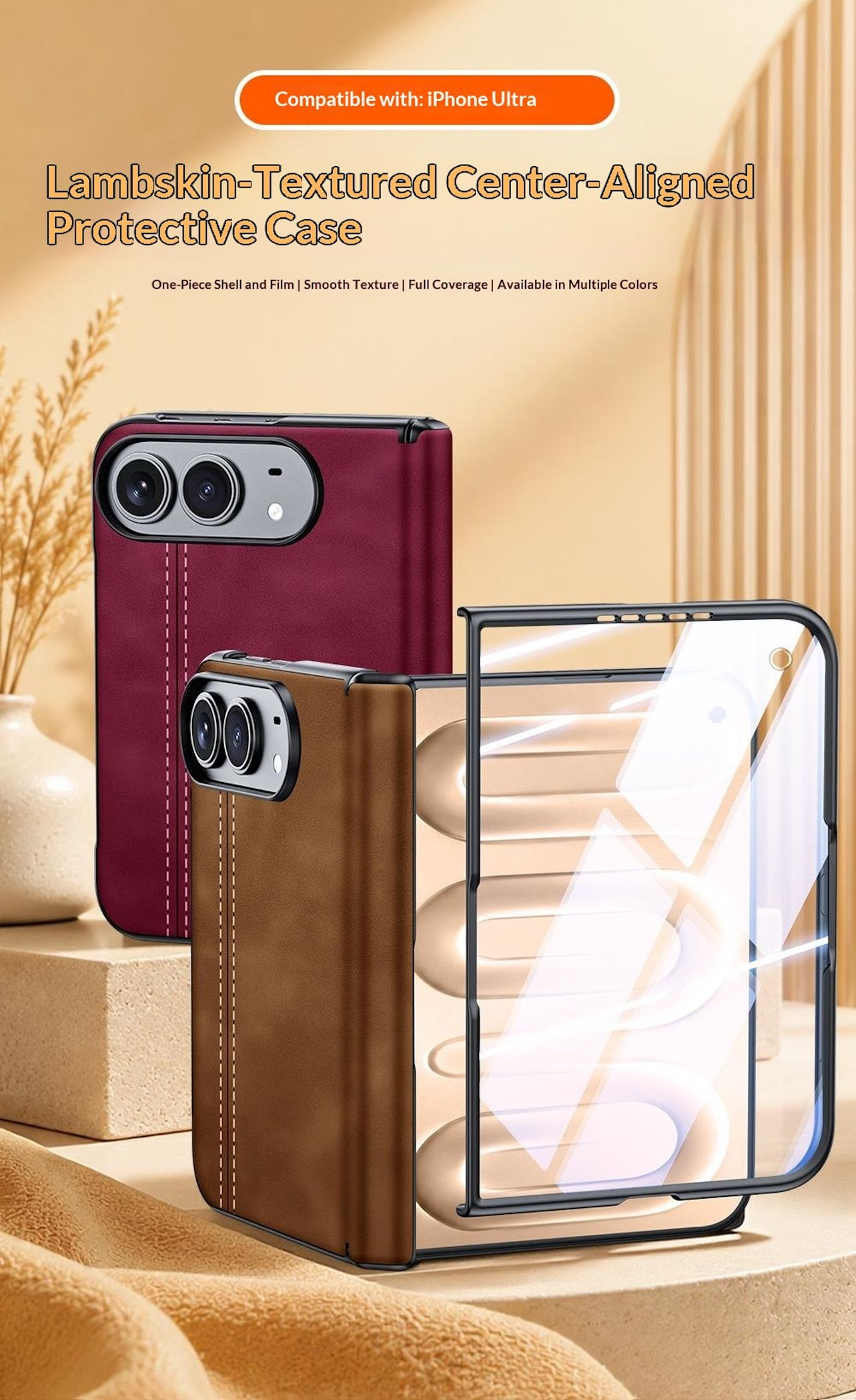 Werbebild für eine braune und eine dunkelrote Lederschutzhülle mit integriertem Display-Schutz für ein Smartphone.