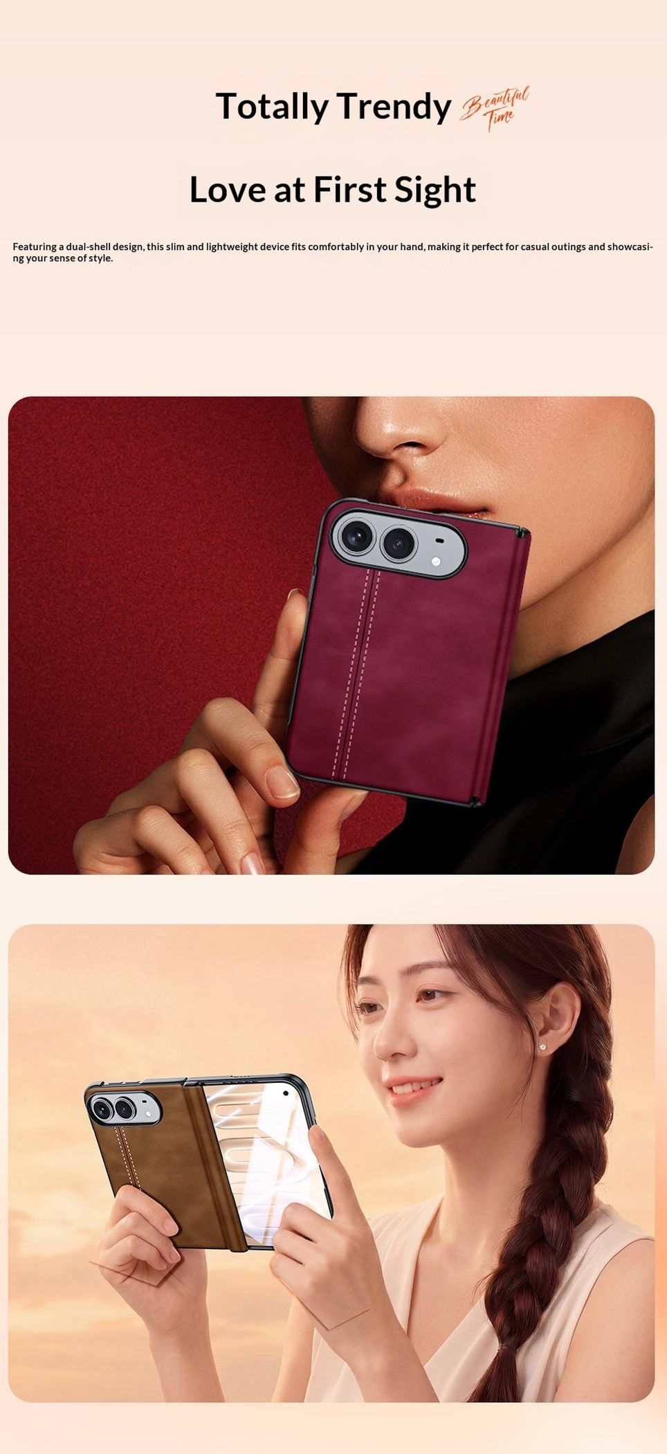 Eine Frau hält ein faltbares Smartphone in einer Ledertasche und zeigt dessen Design.