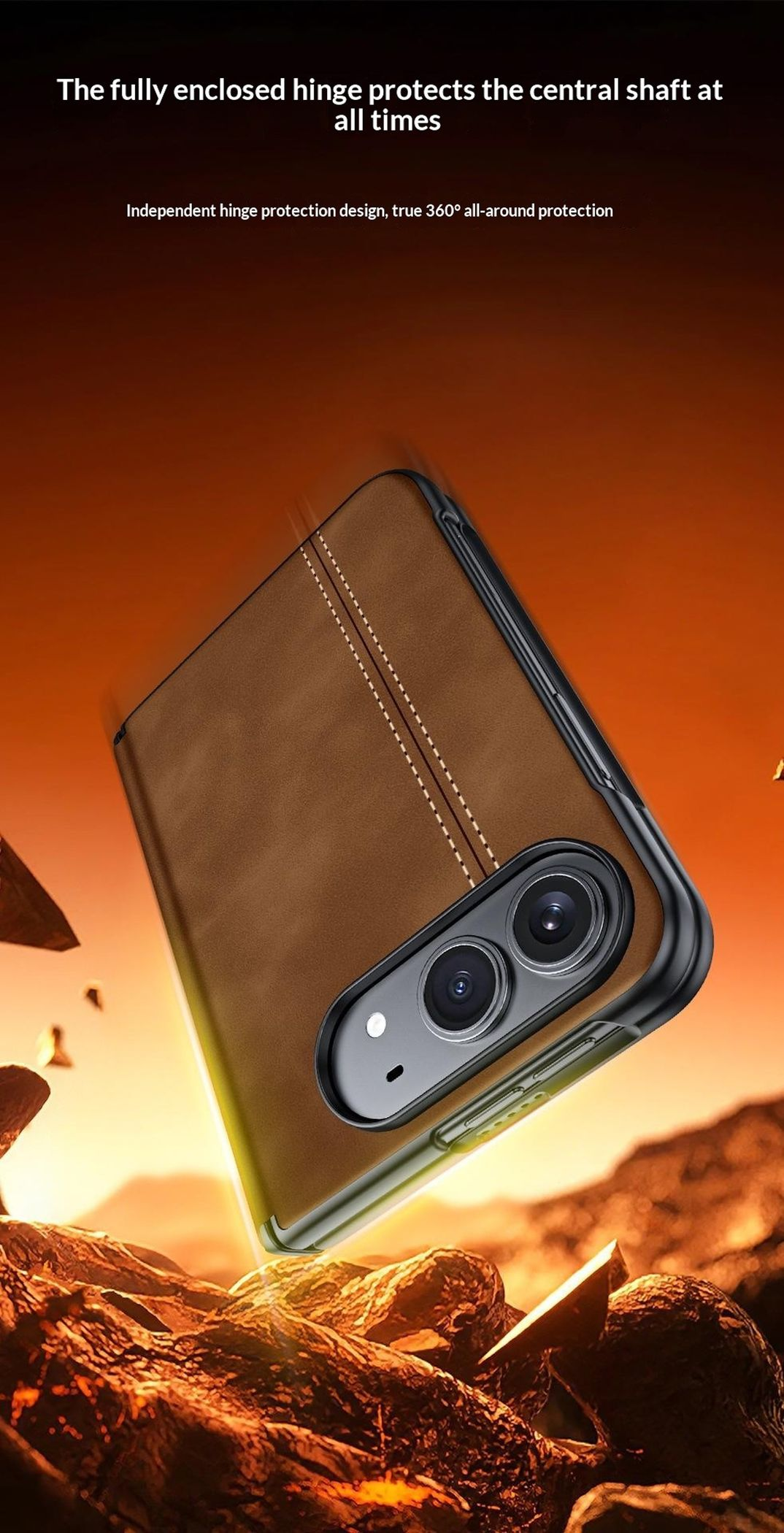 Eine braune Leder-Falthülle mit zwei Kameras schwebt über felsigem Terrain vor orangenem Sonnenuntergang.