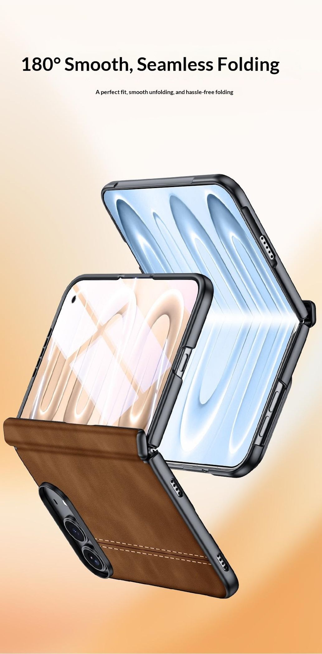 Ein faltbares Smartphone mit brauner Lederhülle und schwarzem Rahmen vor einem orange-weißen Hintergrund.