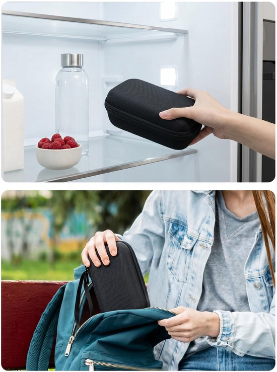 Eine Person legt ein schwarzes Etui in den Kühlschrank und eine andere in einen Rucksack.