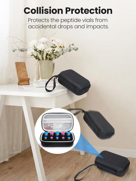 Eine schwarze Schutztasche auf einem Tisch, die herunterfällt und Peptide-Fläschchen schützt.
