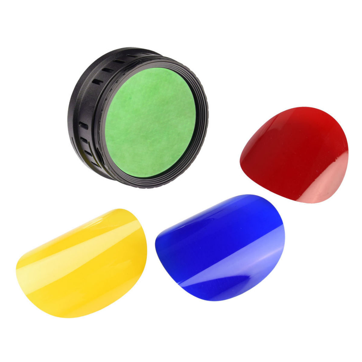 Ein schwarzes rundes Objekt mit grünem Glas und separate rote, gelbe und blaue gebogene Linsen auf weißem Grund.