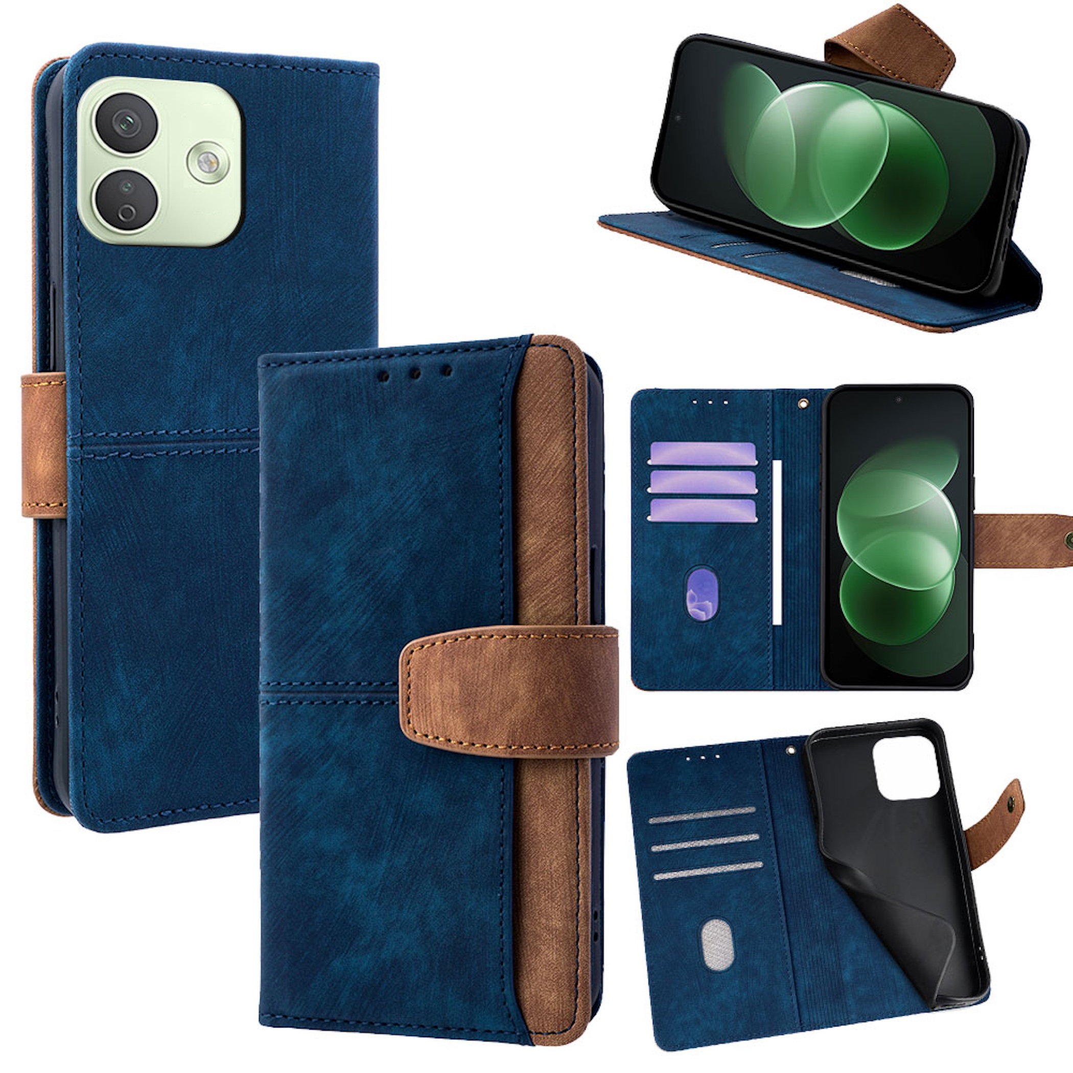 Mehrere Ansichten einer blauen Handy-Lederhülle mit braunen Akzenten, Kartenfächern und integriertem Ständer.