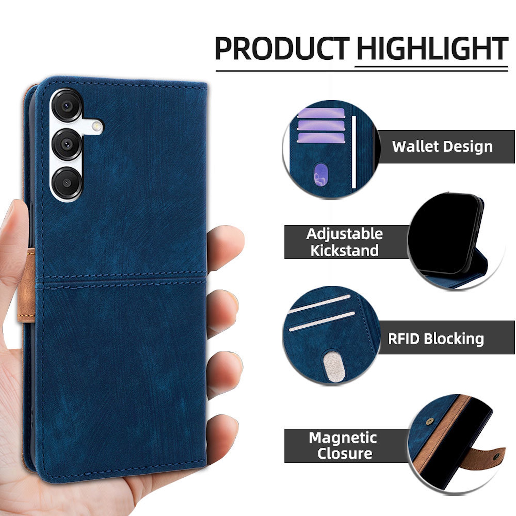 Eine blaue Leder-Handyhülle mit Wallet-Design, Ständer, RFID-Schutz und Magnetverschluss.