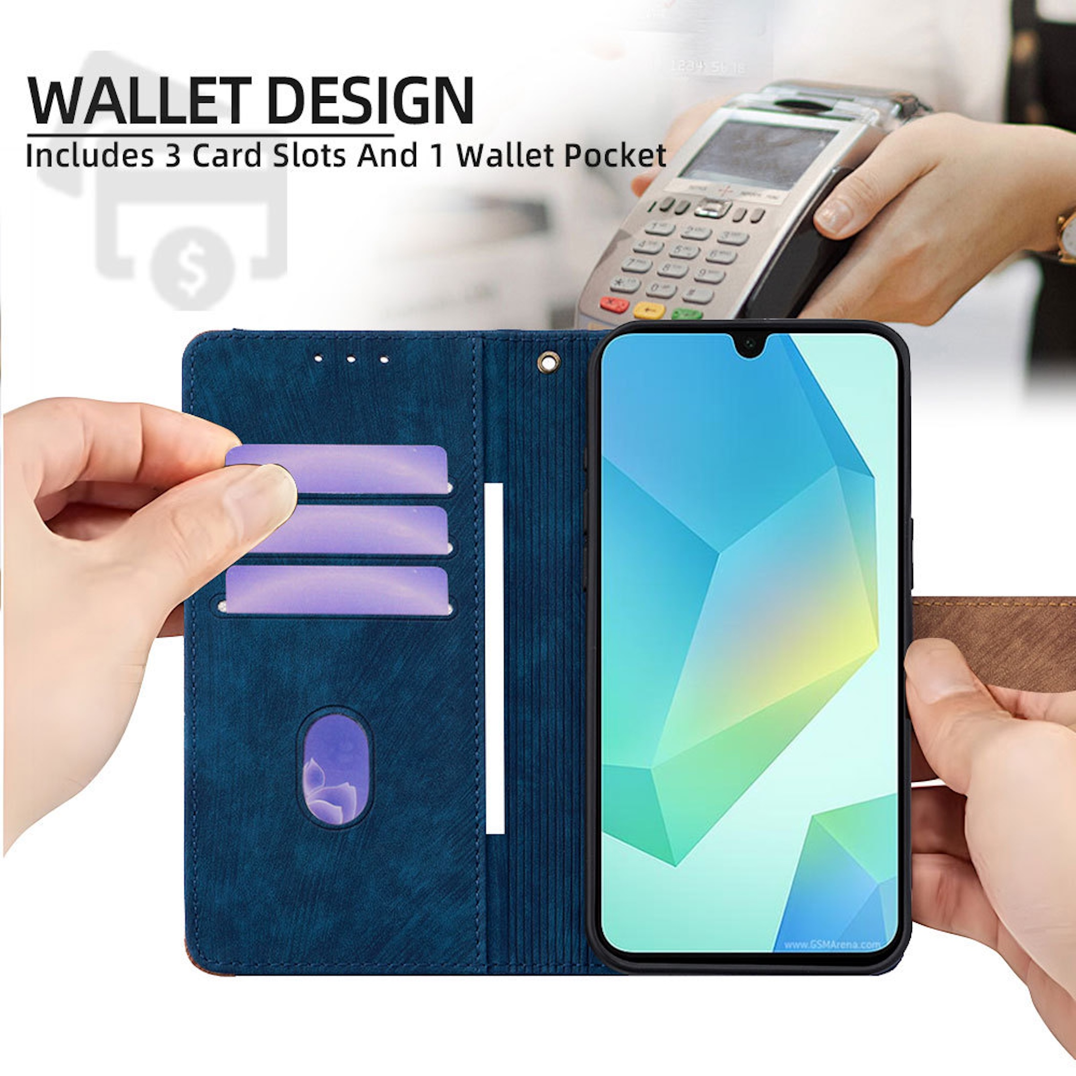 Blaue Brieftaschen-Handyhülle mit drei Kartenfächern und einem Smartphone.