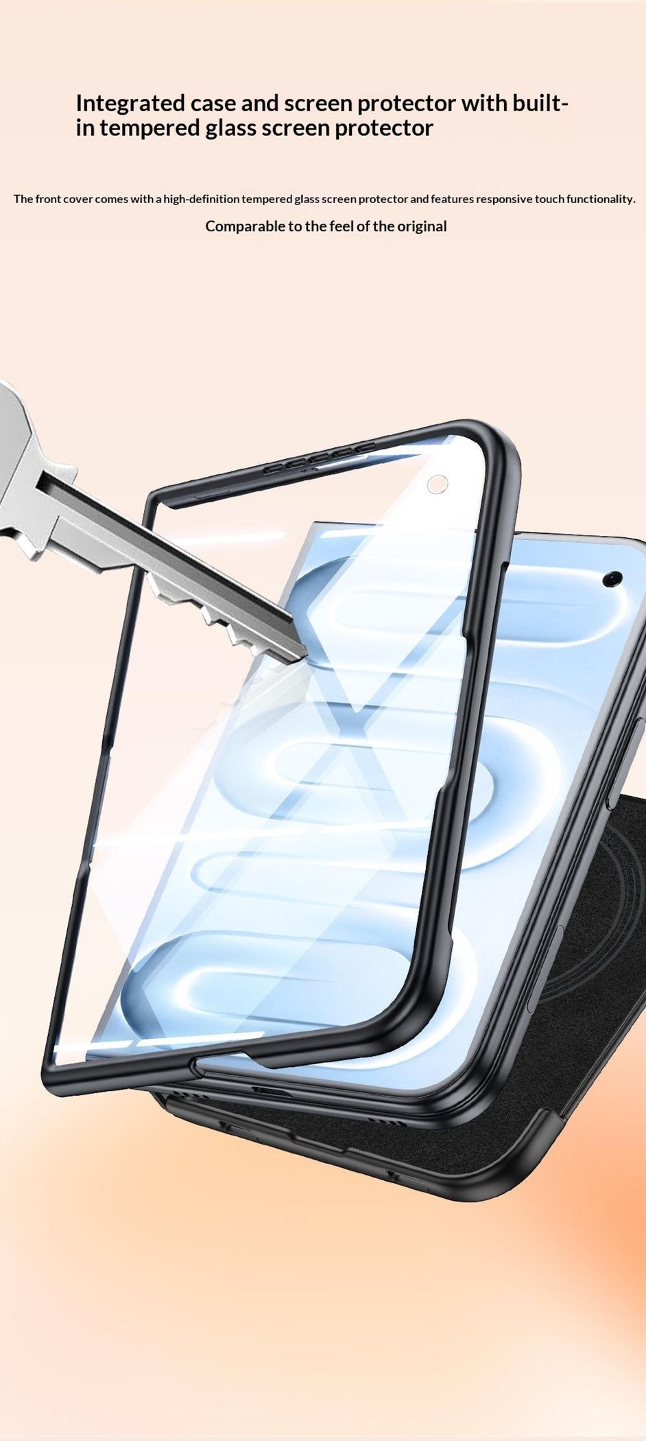Ein Metallschlüssel kratzt an einem robusten schwarzen Smartphone-Gehäuse mit integrierter Glas-Bildschirmfolie.