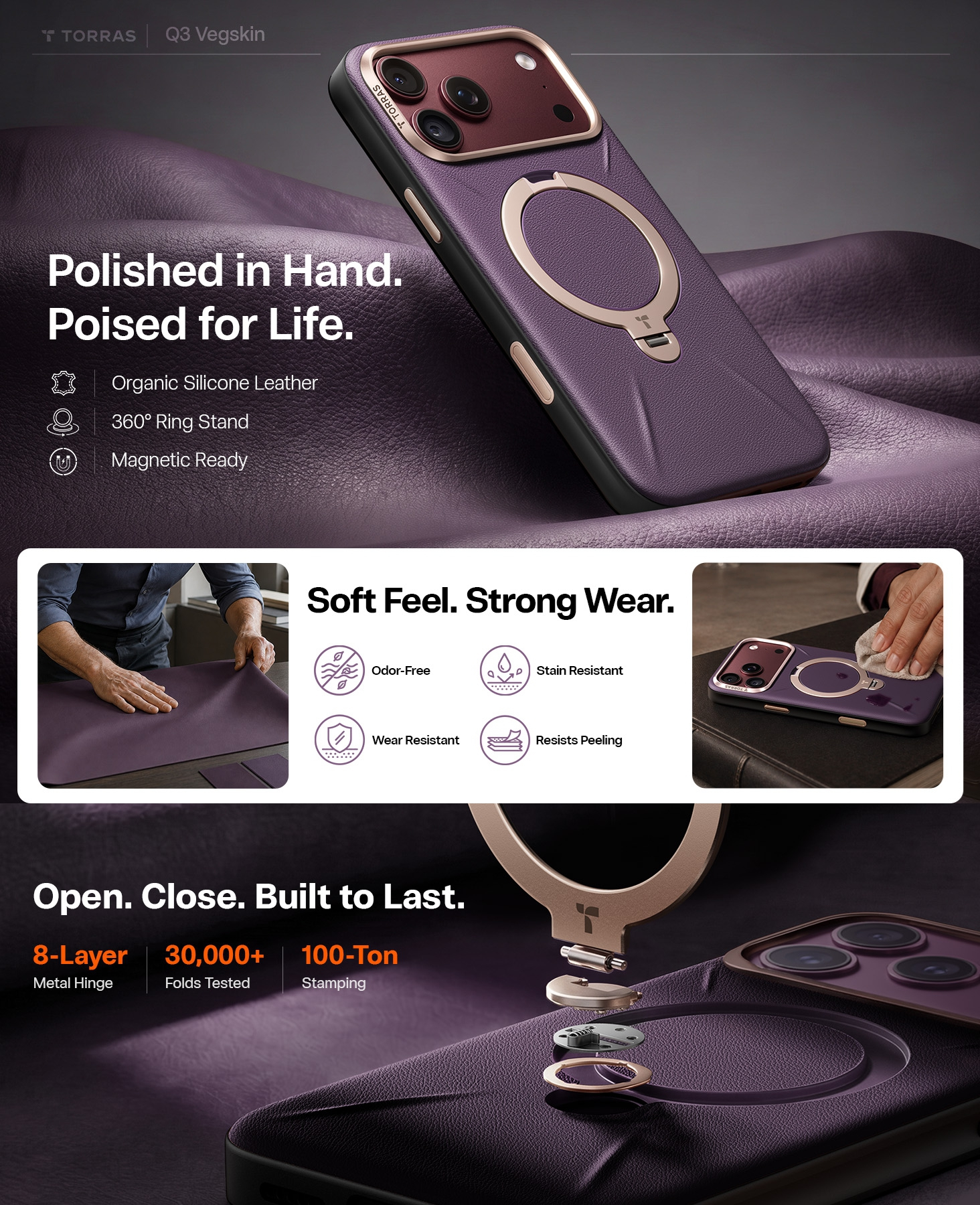 Lila Torras Q3 Vegskin Smartphone-Hülle mit integriertem Ringständer auf dunklem Hintergrund.