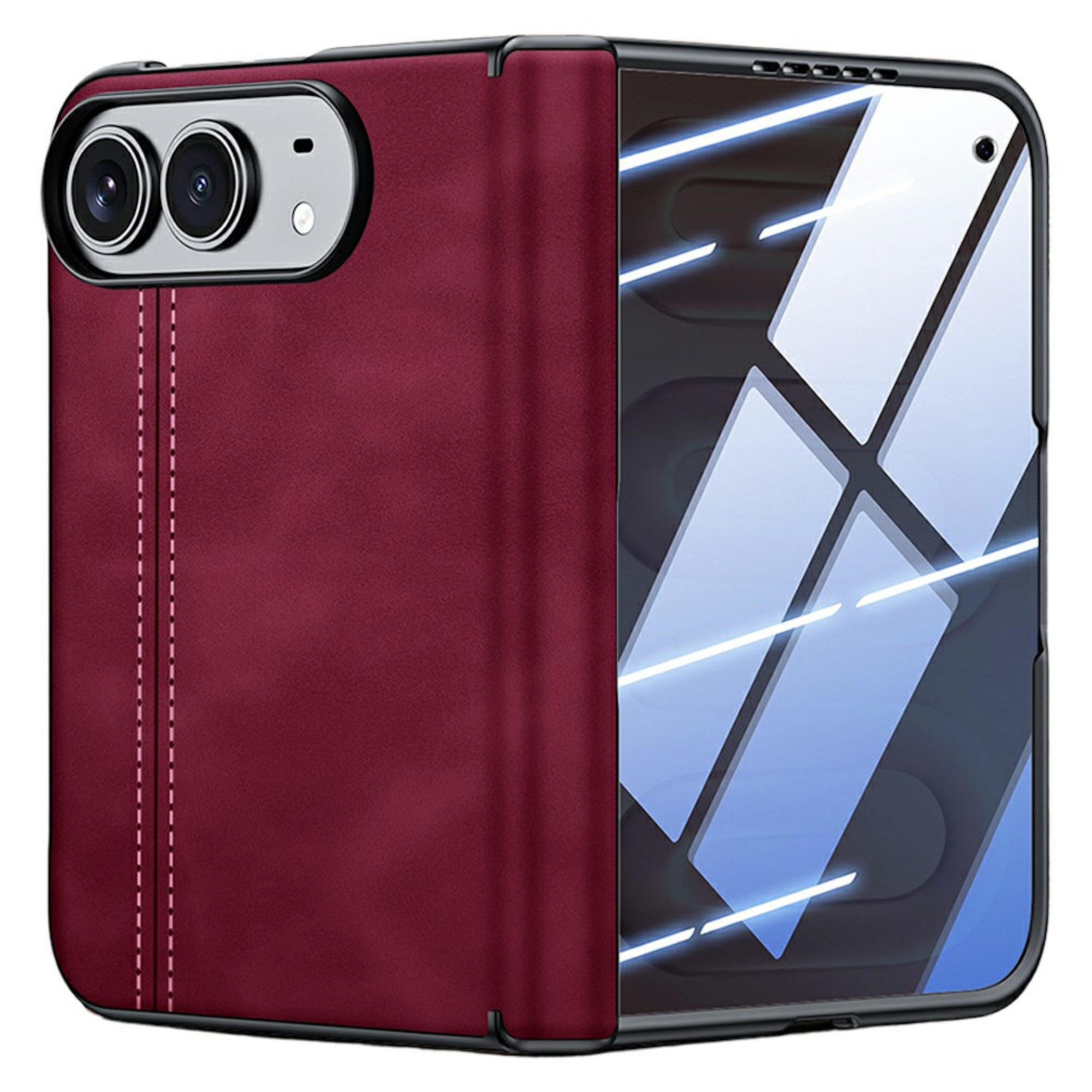 Ein bordeauxrotes, lederstrukturiertes faltbares Smartphone-Etui mit Dual-Kamera und glattem Frontbildschirm.
