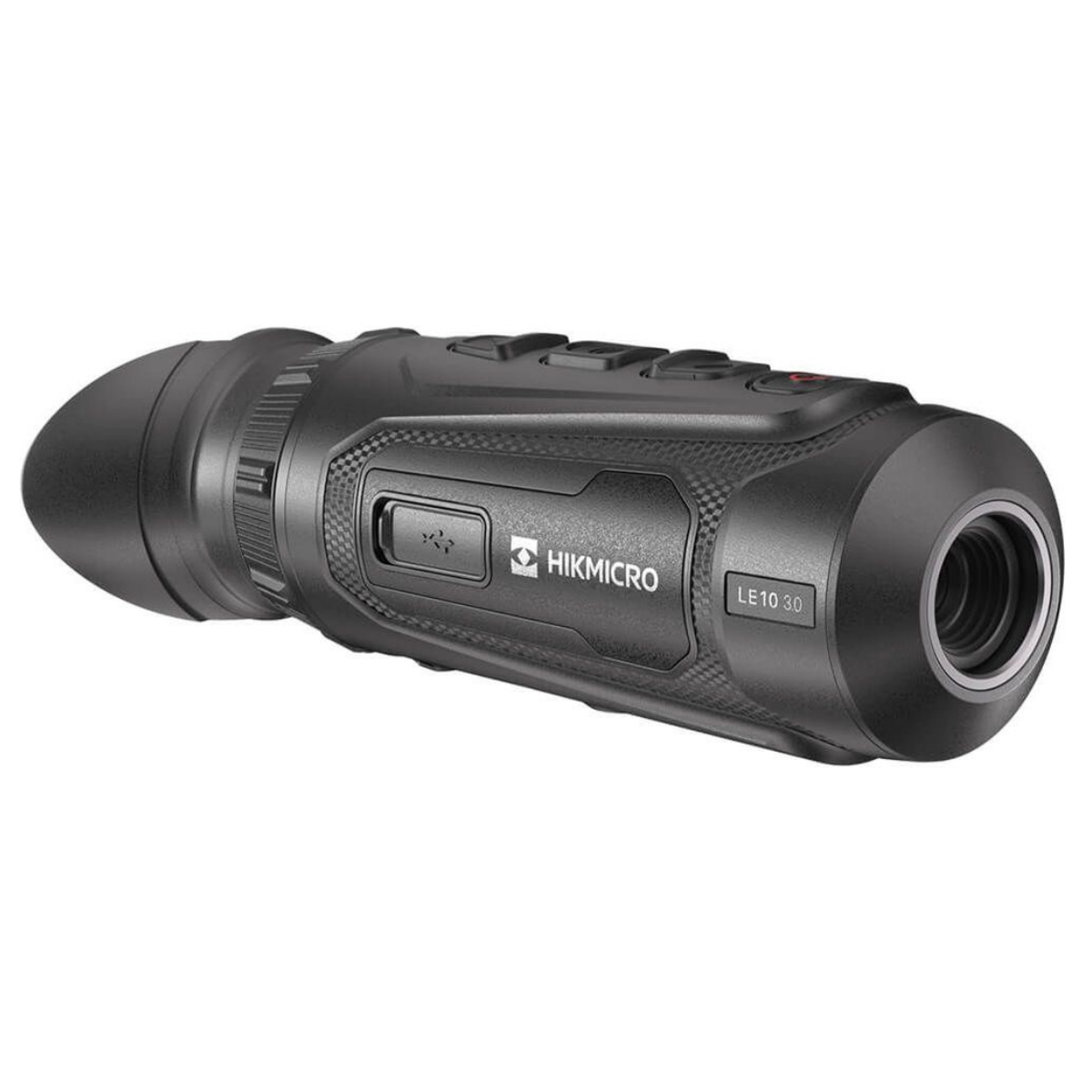 Dispositivo térmico negro HIKMICRO LE10 3.0 sobre fondo blanco con botones.
