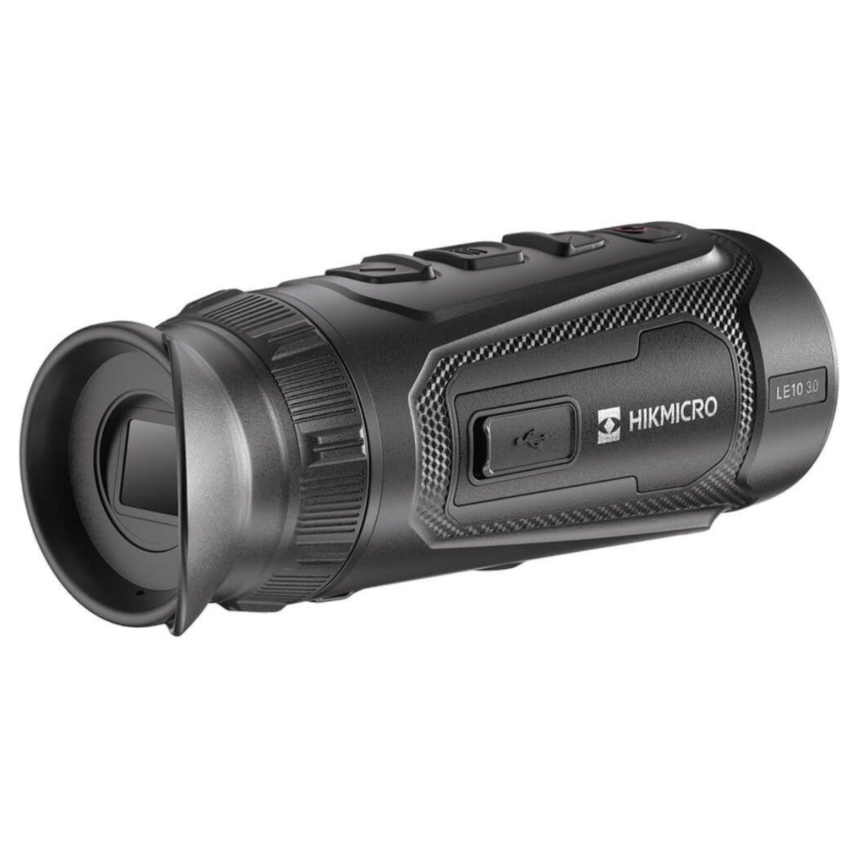 Dispositivo térmico de mano negro HIKMICRO LE10 3.0 con botones superiores y puerto USB sobre fondo blanco.