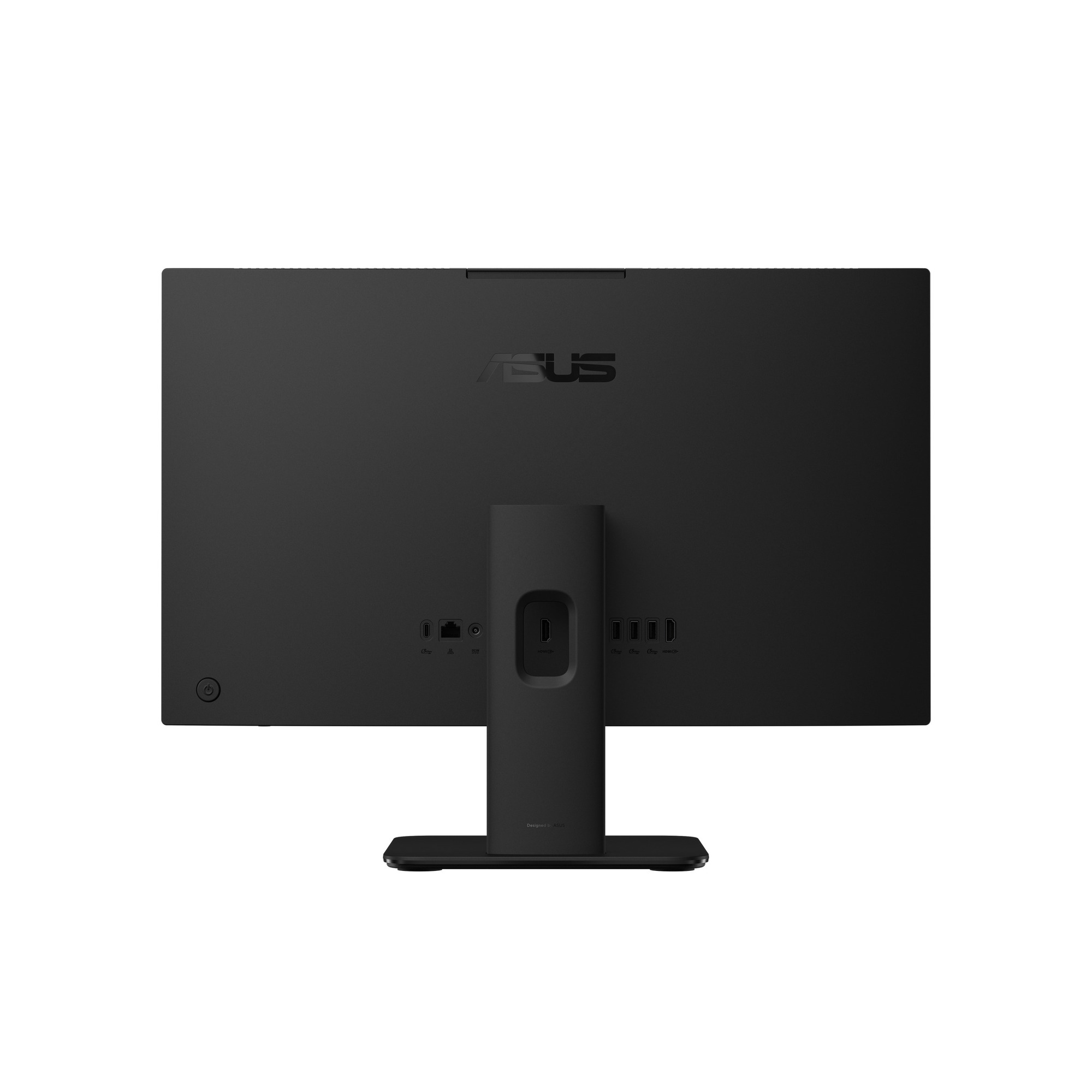 Bağlantı noktalarını ve standı gösteren siyah bir ASUS monitörün arkadan görünümü.