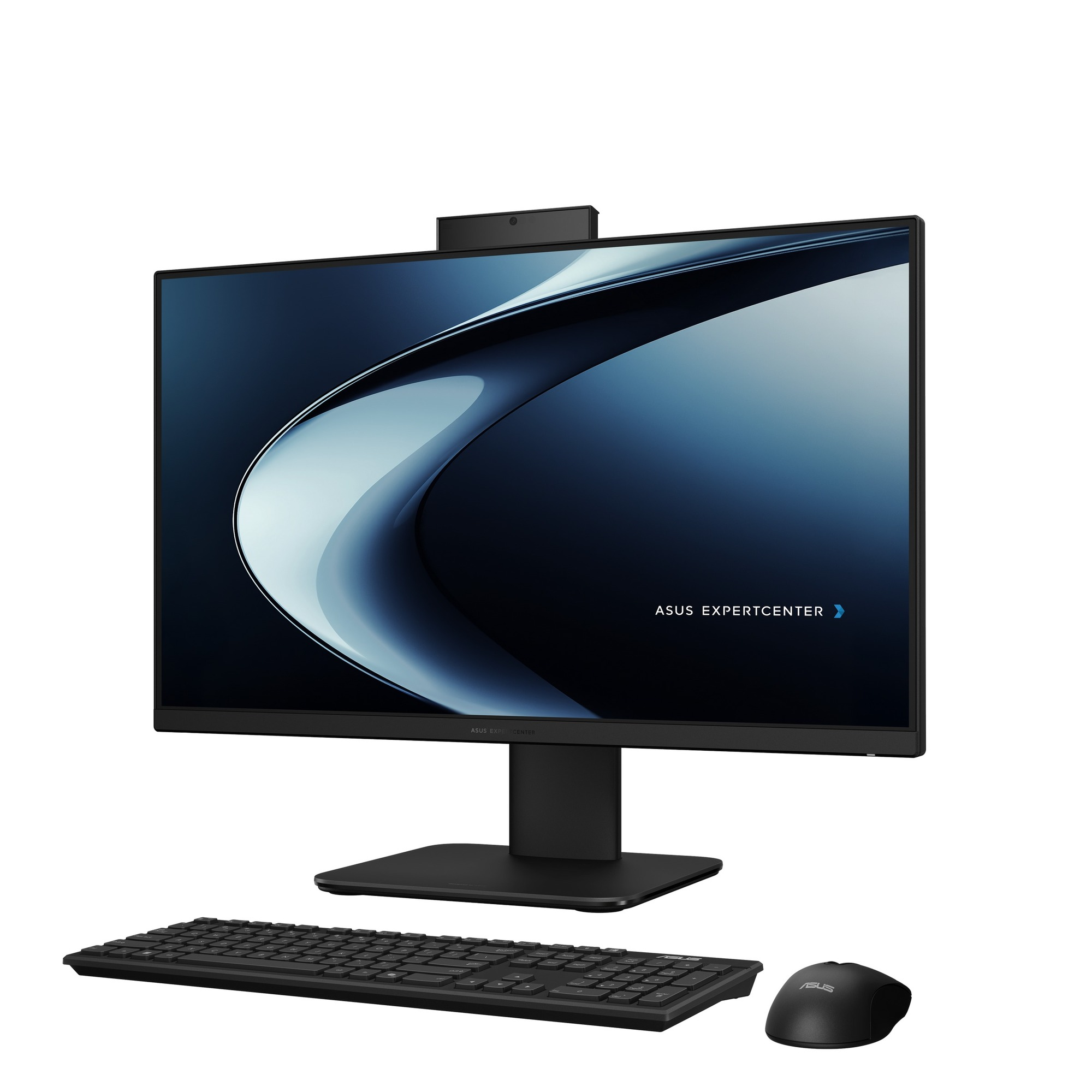 Beyaz arkaplanda klavye ve fareye sahip siyah bir ASUS ExpertCenter hep bir arada bilgisayar.