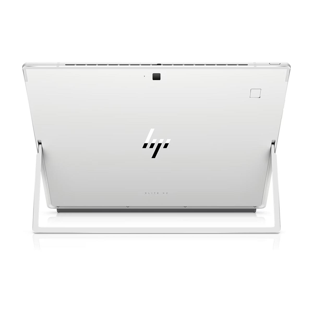 Widok z tyłu srebrnego tabletu HP Elite x2 ze zintegrowaną podstawką na białej powierzchni.