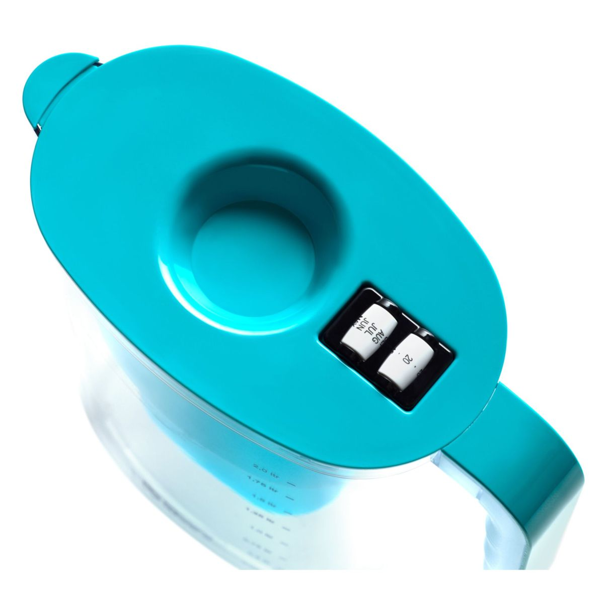 Draufsicht auf den hellblauen Deckel eines Wasserfilters mit Datumseinstellung.