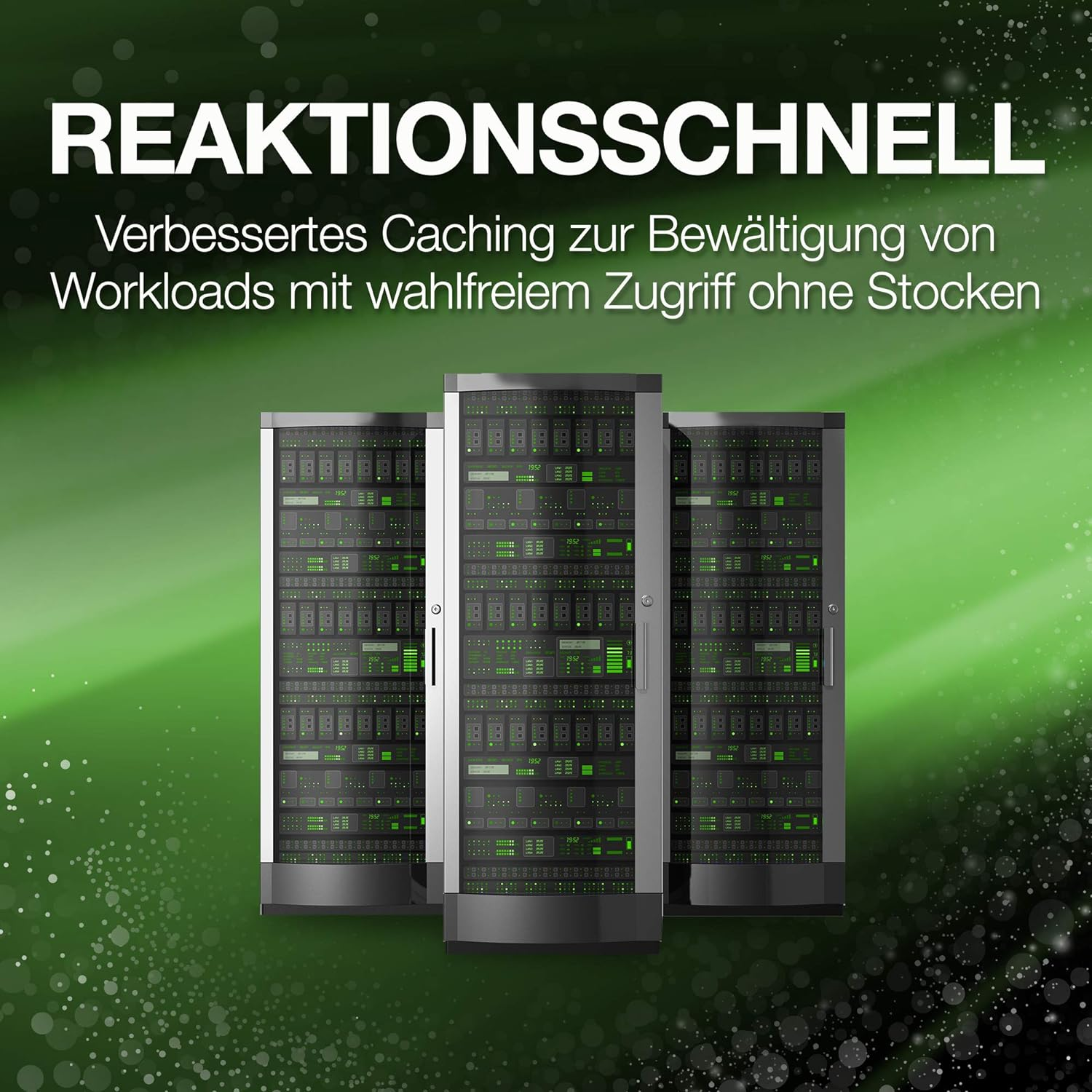 Drei Serverracks vor grünem Hintergrund mit deutscher Marketinginschrift.