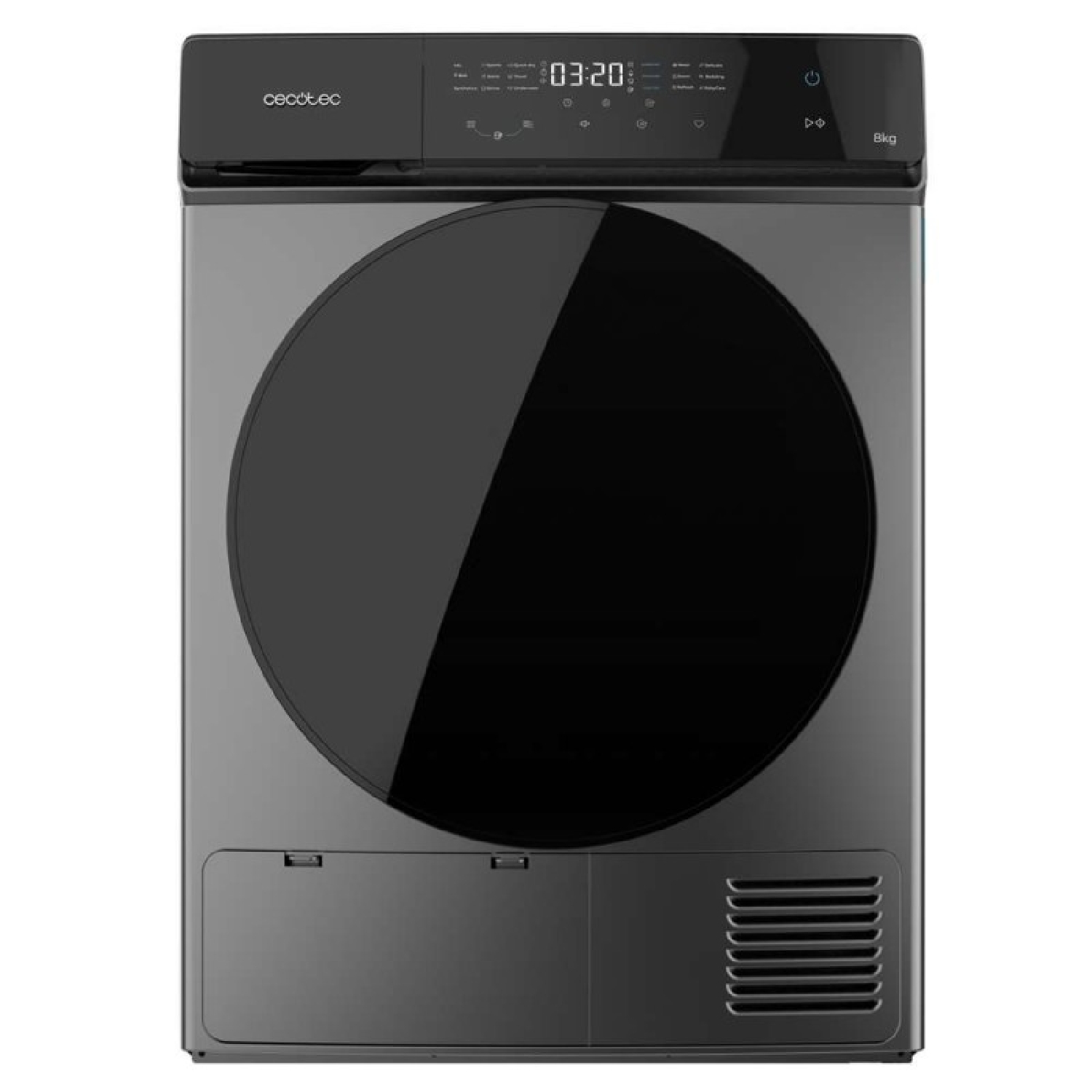 Una lavadora moderna de color gris oscuro con una gran puerta de vidrio negro y panel digital.