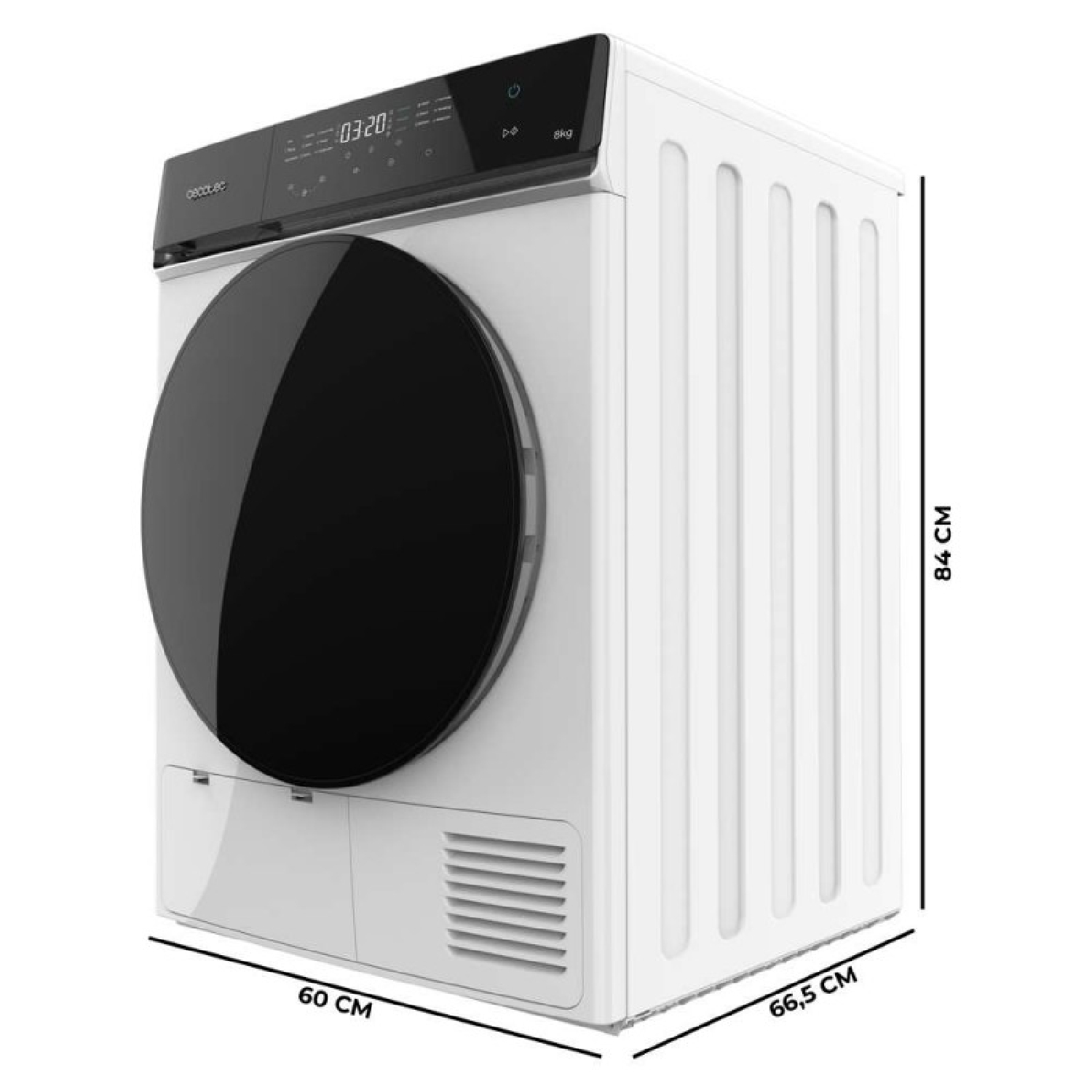 Secadora blanca con puerta de cristal negra y pantalla, con dimensiones de 84 cm de alto, 60 cm de ancho y 66,5 cm de profundidad.