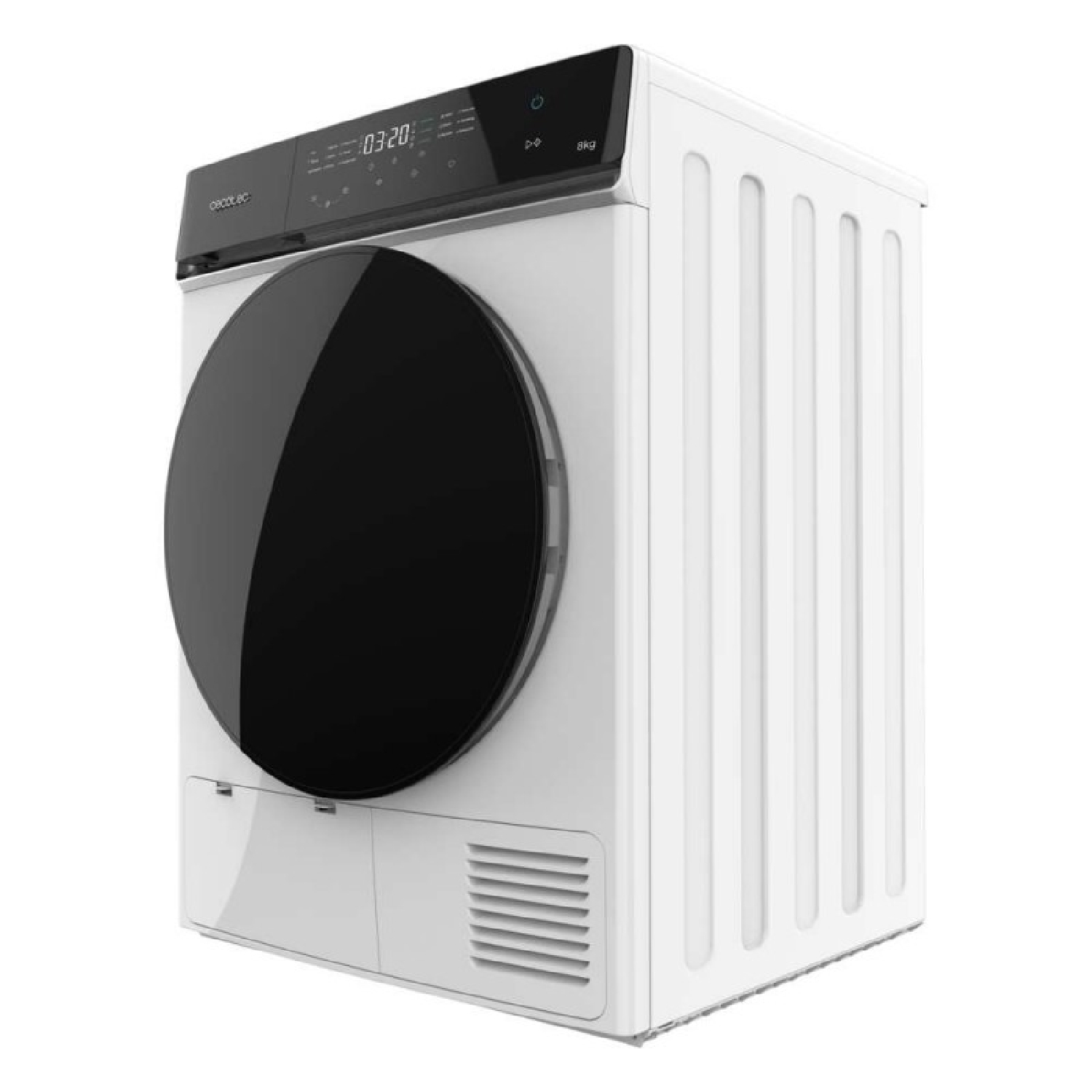 Secadora blanca con puerta negra y panel de control digital.