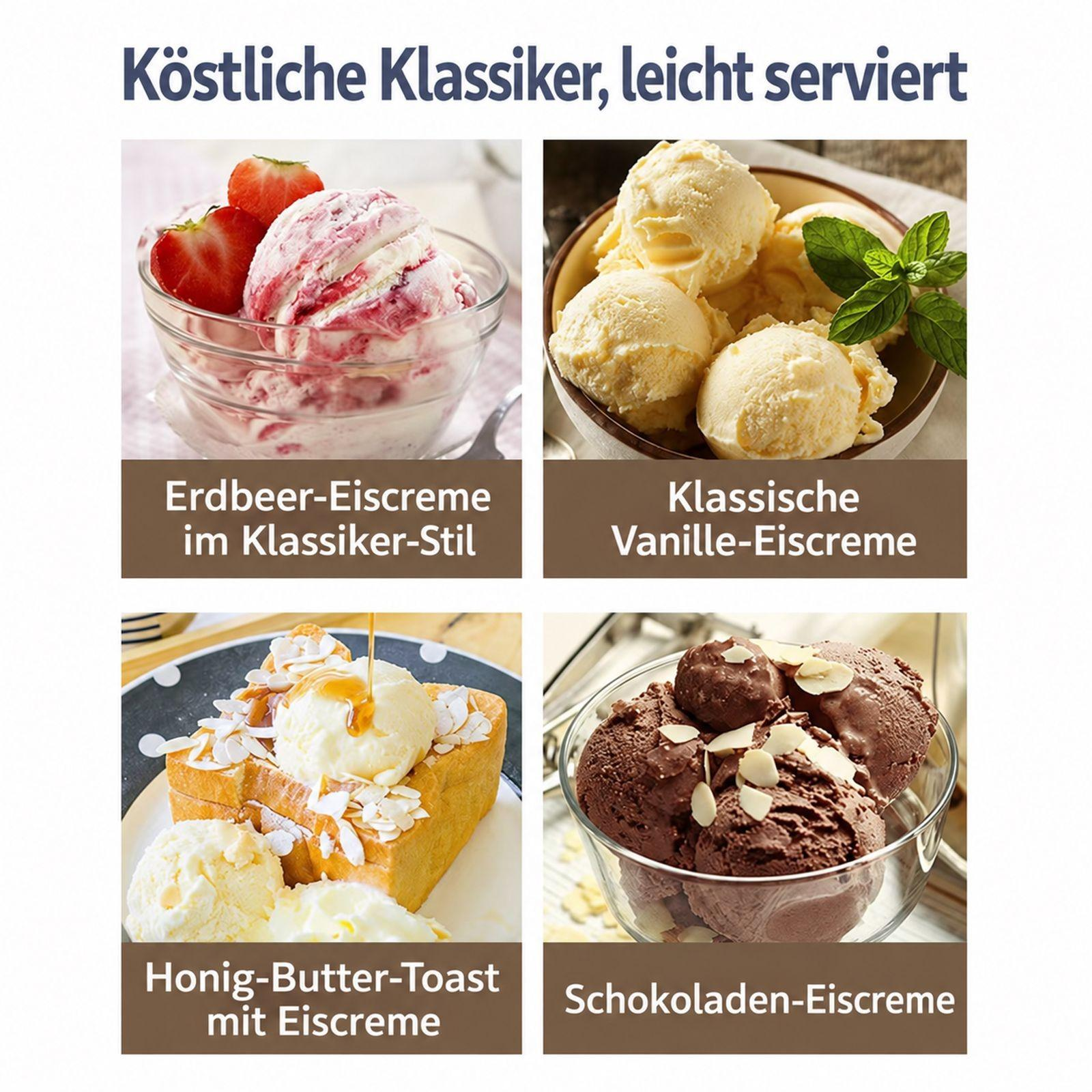 Vier Bilder mit verschiedenen Eiscreme-Sorten und Desserts wie Erdbeere, Vanille, Honig-Butter-Toast und Schokolade.