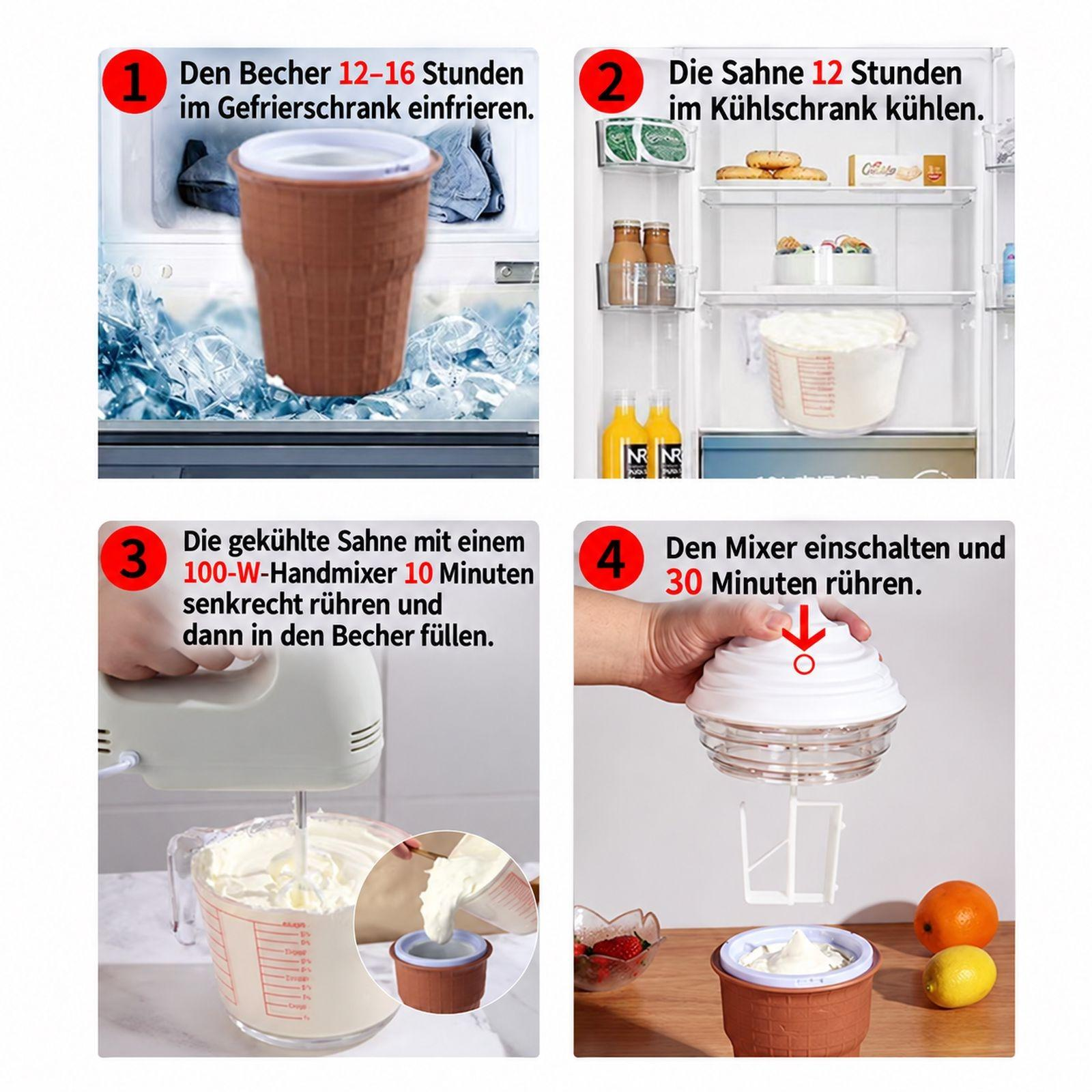 Vierteilige Anleitung zur Eiszubereitung mit Gefrierschrank, Kühlschrank, Handmixer und Eisbecher.