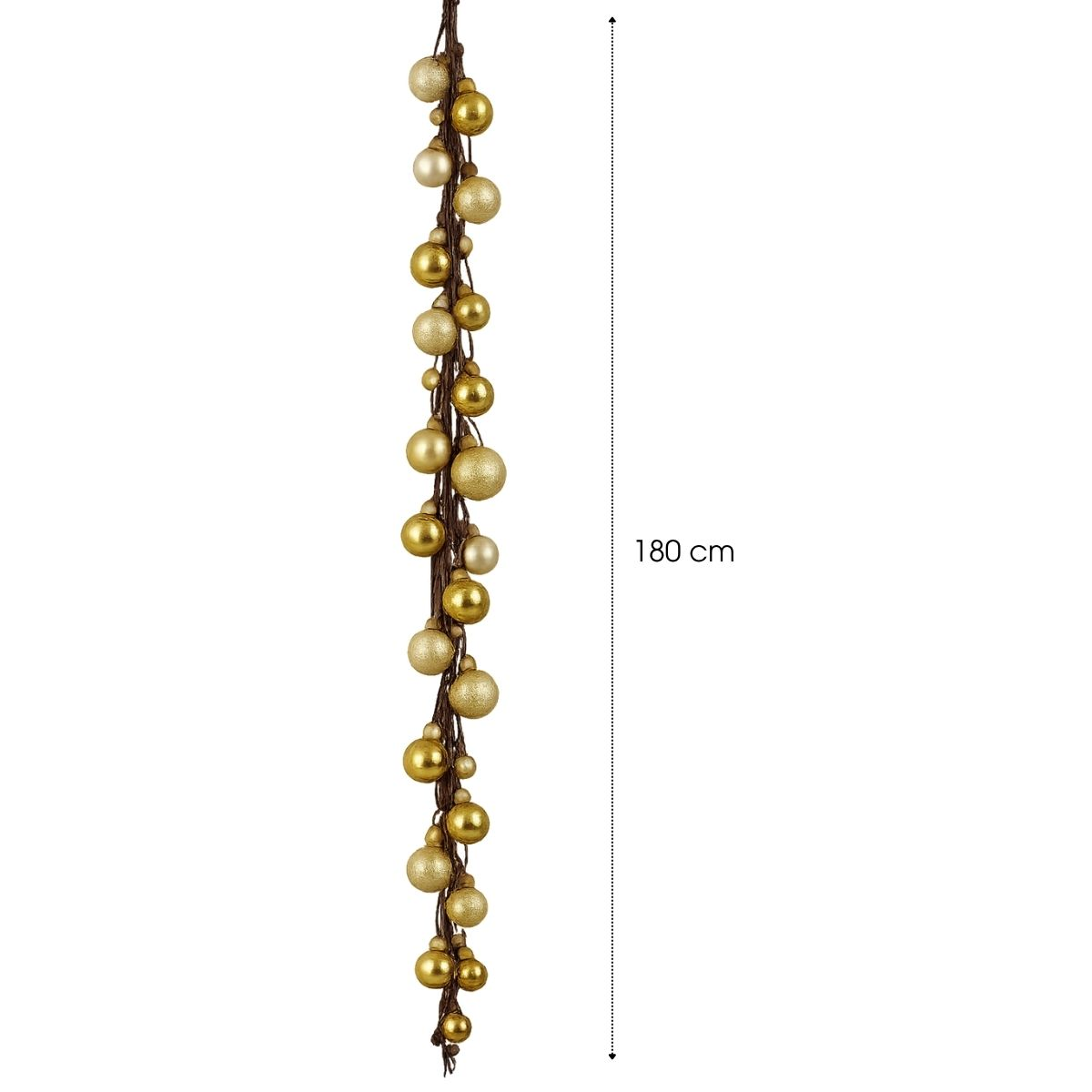 Eine 180 cm lange Hängedekoration mit goldenen Kugeln an braunen Kordeln auf weißem Hintergrund.