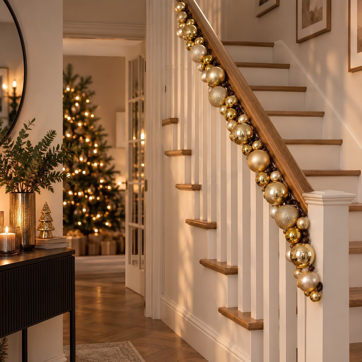 Eine Treppe mit goldenen Weihnachtskugeln am Geländer; im Hintergrund ein beleuchteter Tannenbaum.