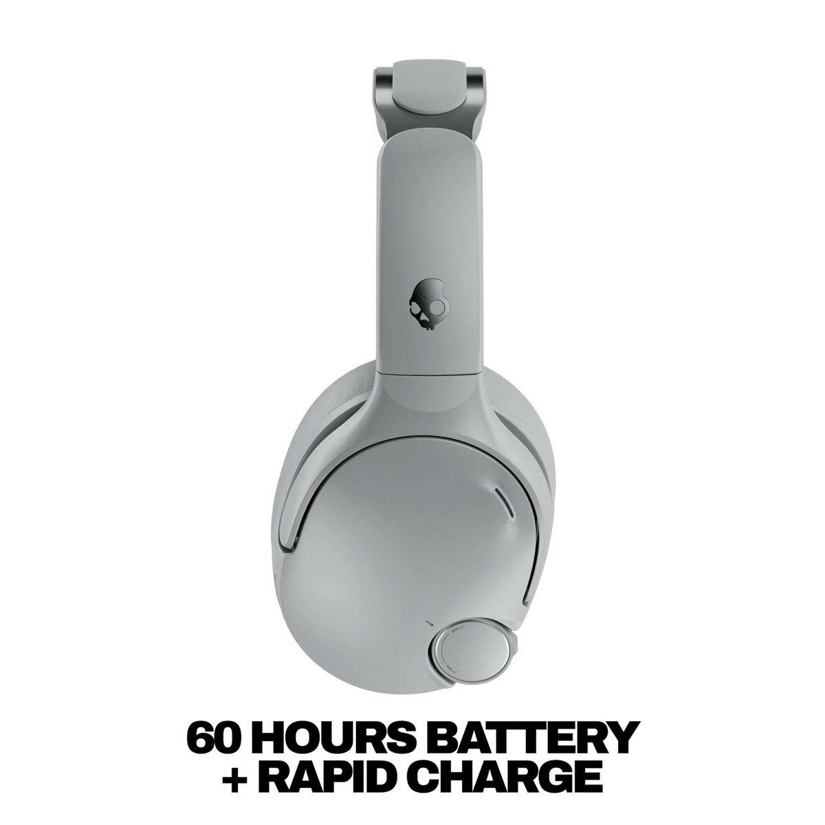 Auriculares supraaurales grises con logotipo y texto debajo.