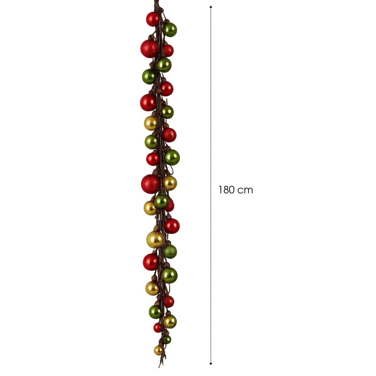 Eine 180 cm lange Weihnachtsgirlande aus roten, grünen und goldenen Christbaumkugeln an einer braunen Schnur.