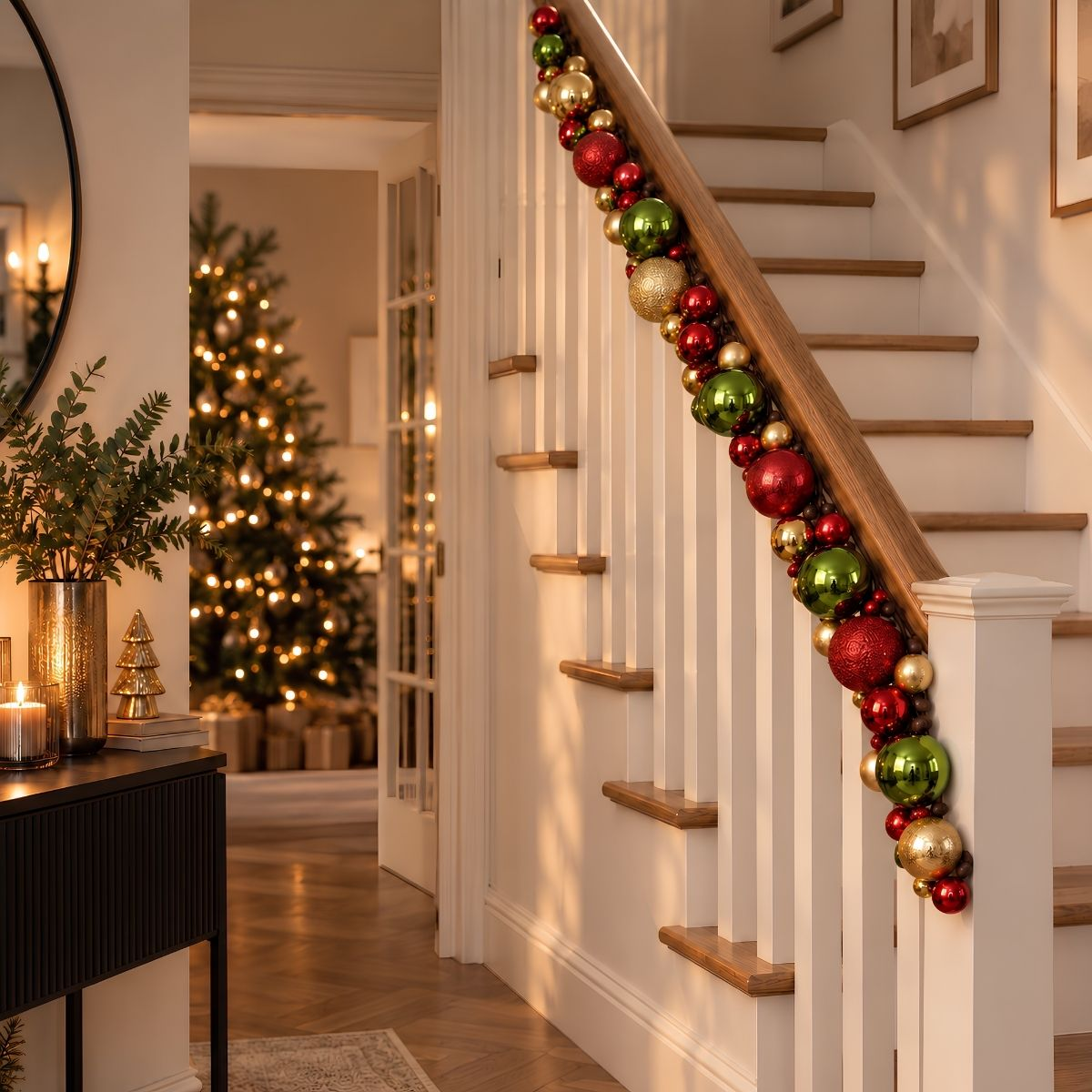 Weihnachtliche Treppe mit rot-gold-grünen Kugeln und beleuchtetem Baum im Hintergrund.