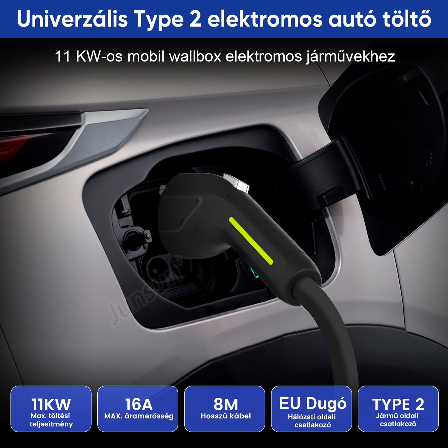 Egy Type 2 elektromos autó töltőkábel csatlakozik egy szürke autós aljzathoz, lent műszaki ikonokkal.