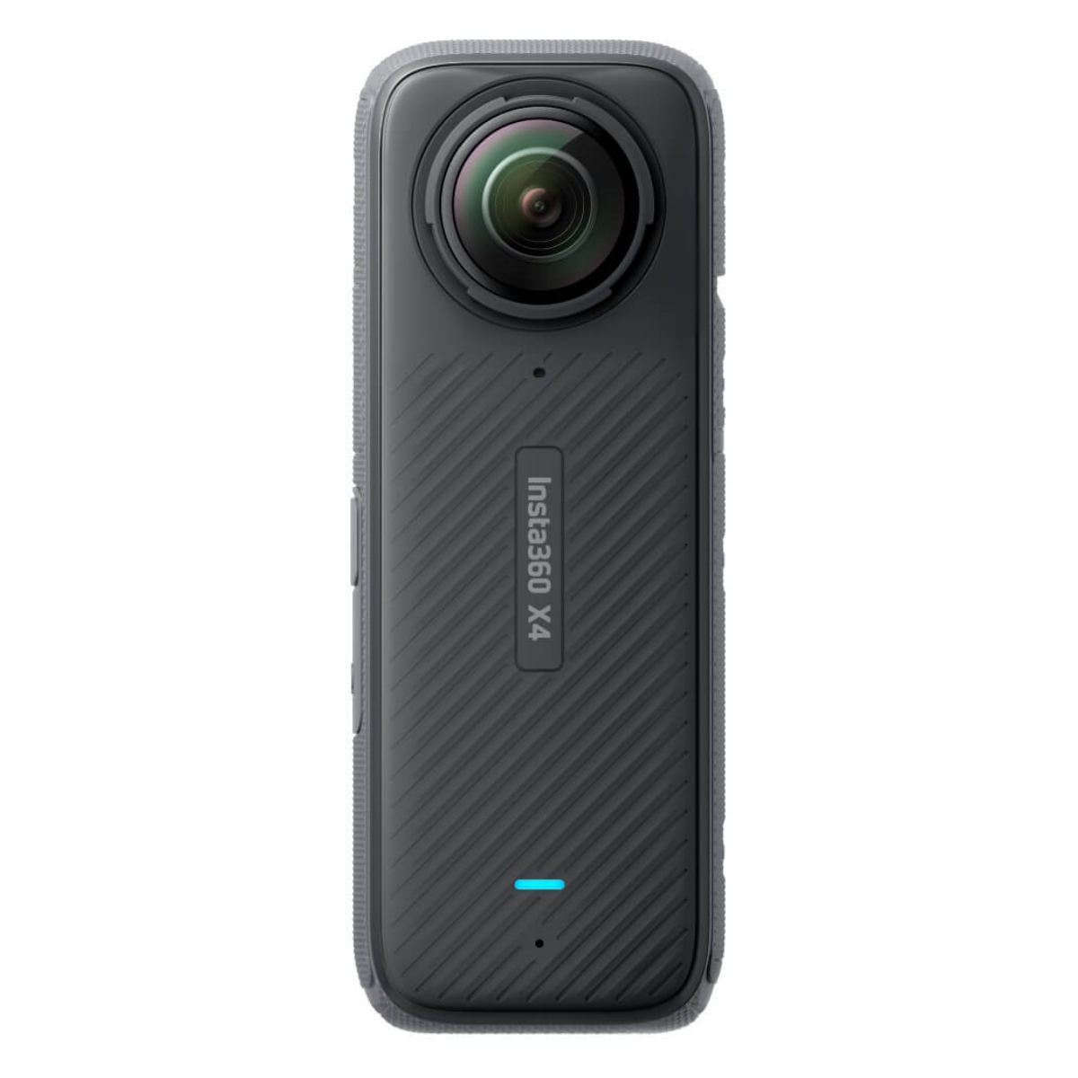 Schwarze Insta360 X4 Action-Kamera mit runder Linse, strukturiertem Gehäuse und blauer LED auf weißem Hintergrund.