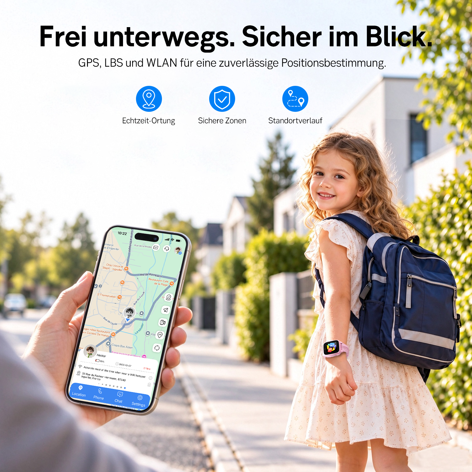 Ein Kind mit Rucksack und Smartwatch geht Straße entlang, während ein Erwachsener den Standort per Smartphone ortet.