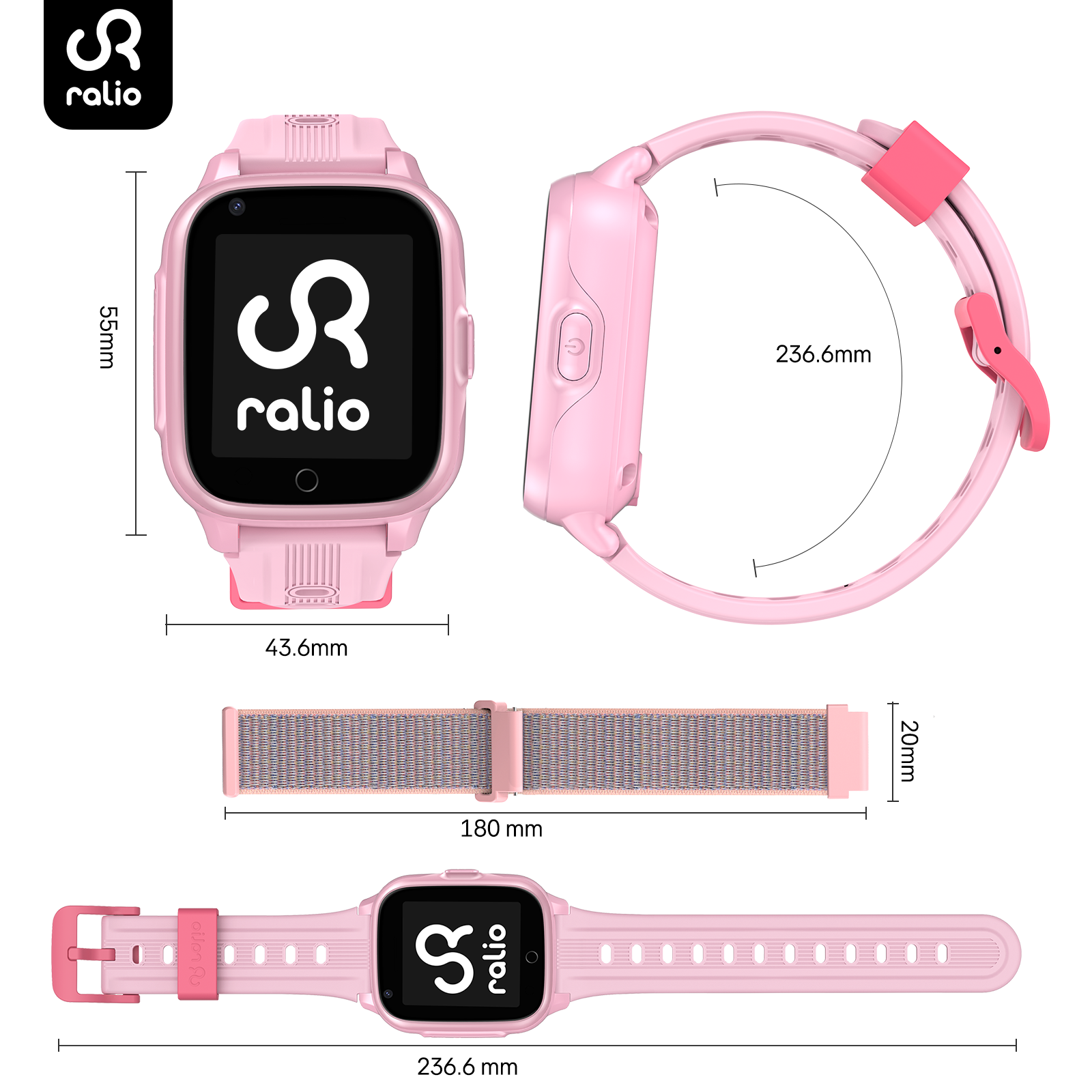 Technische Zeichnung einer pinken Ralio Smartwatch mit Maßen für Bildschirm, Band und Gesamtlänge.