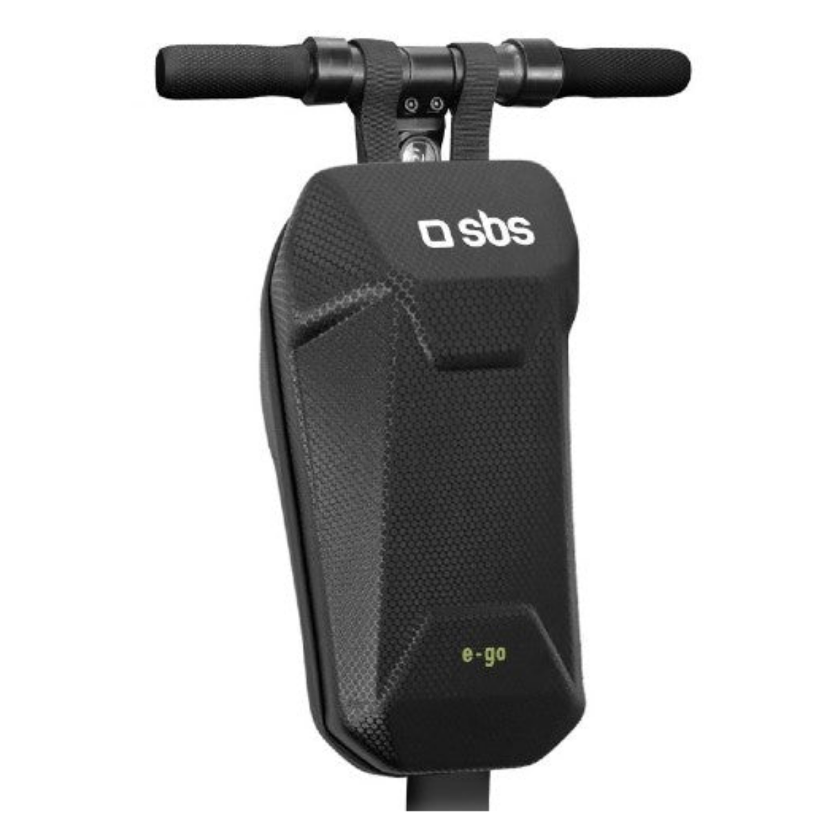Borsa da manubrio nera con logo SBS, montata sul manubrio di un monopattino su sfondo bianco.