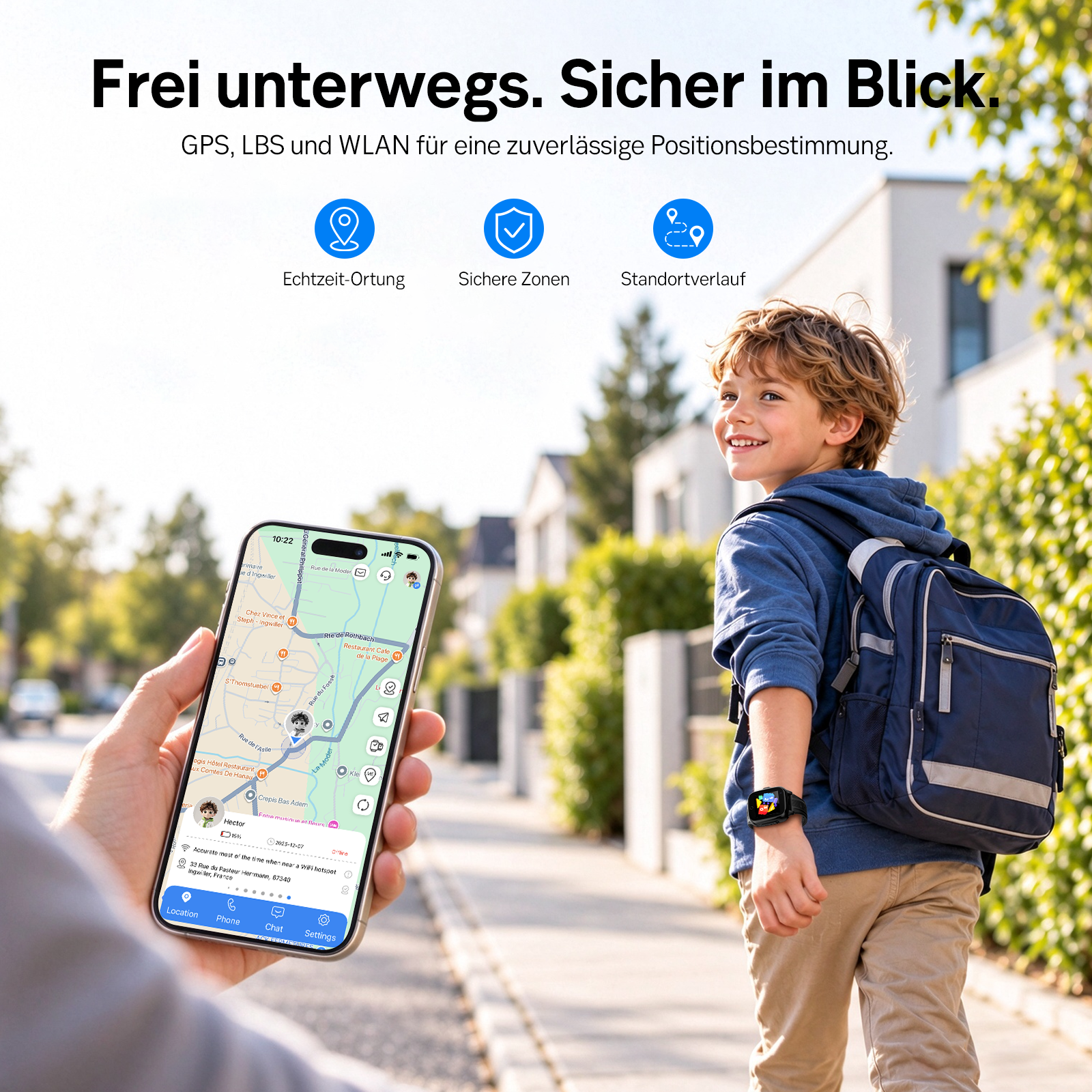 Ein Smartphone mit GPS-App zeigt den Weg eines Kindes mit Rucksack und Smartwatch auf der Straße.