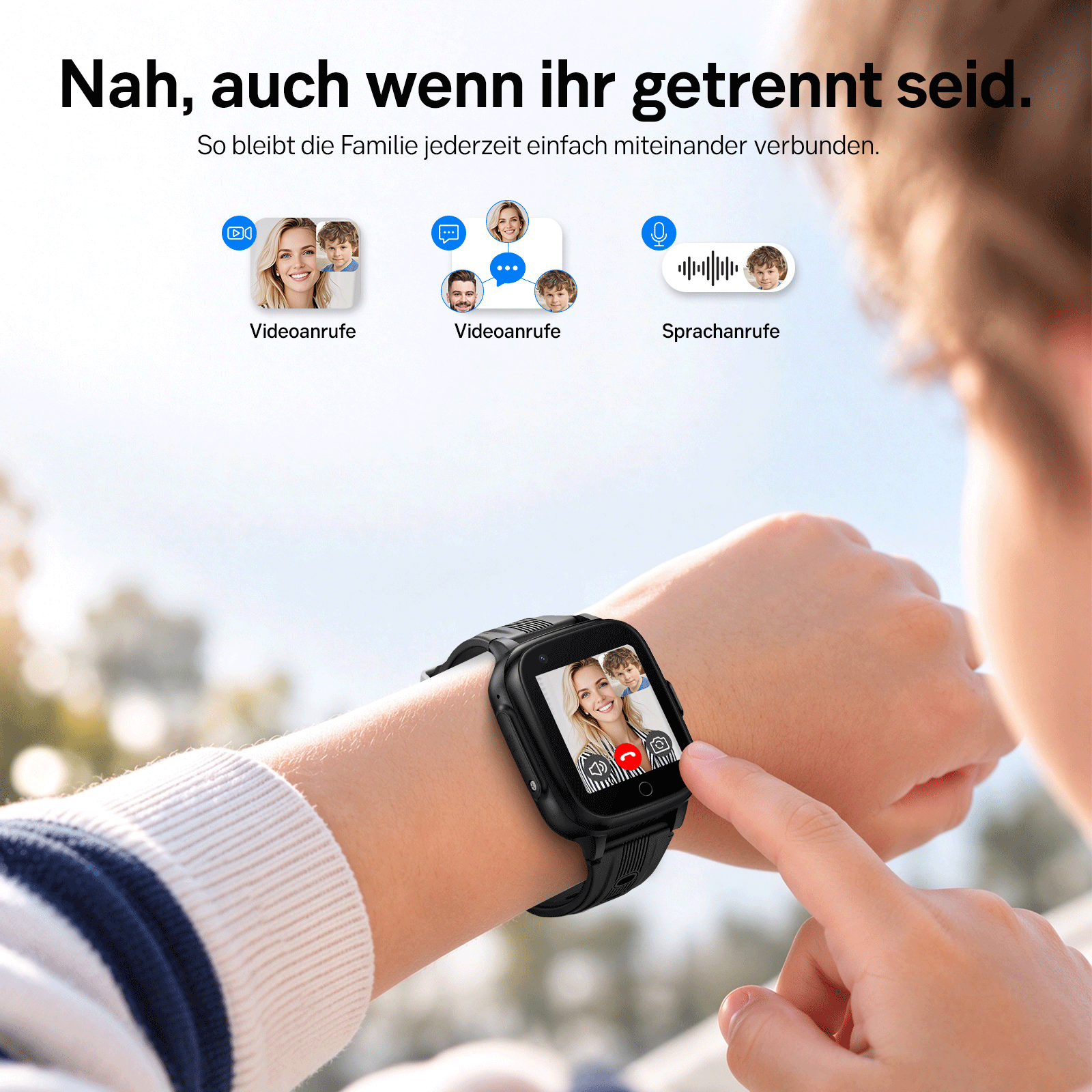 Ein Kind nutzt eine Smartwatch am Handgelenk für einen Videoanruf, mit Icons für Kommunikation im Hintergrund.