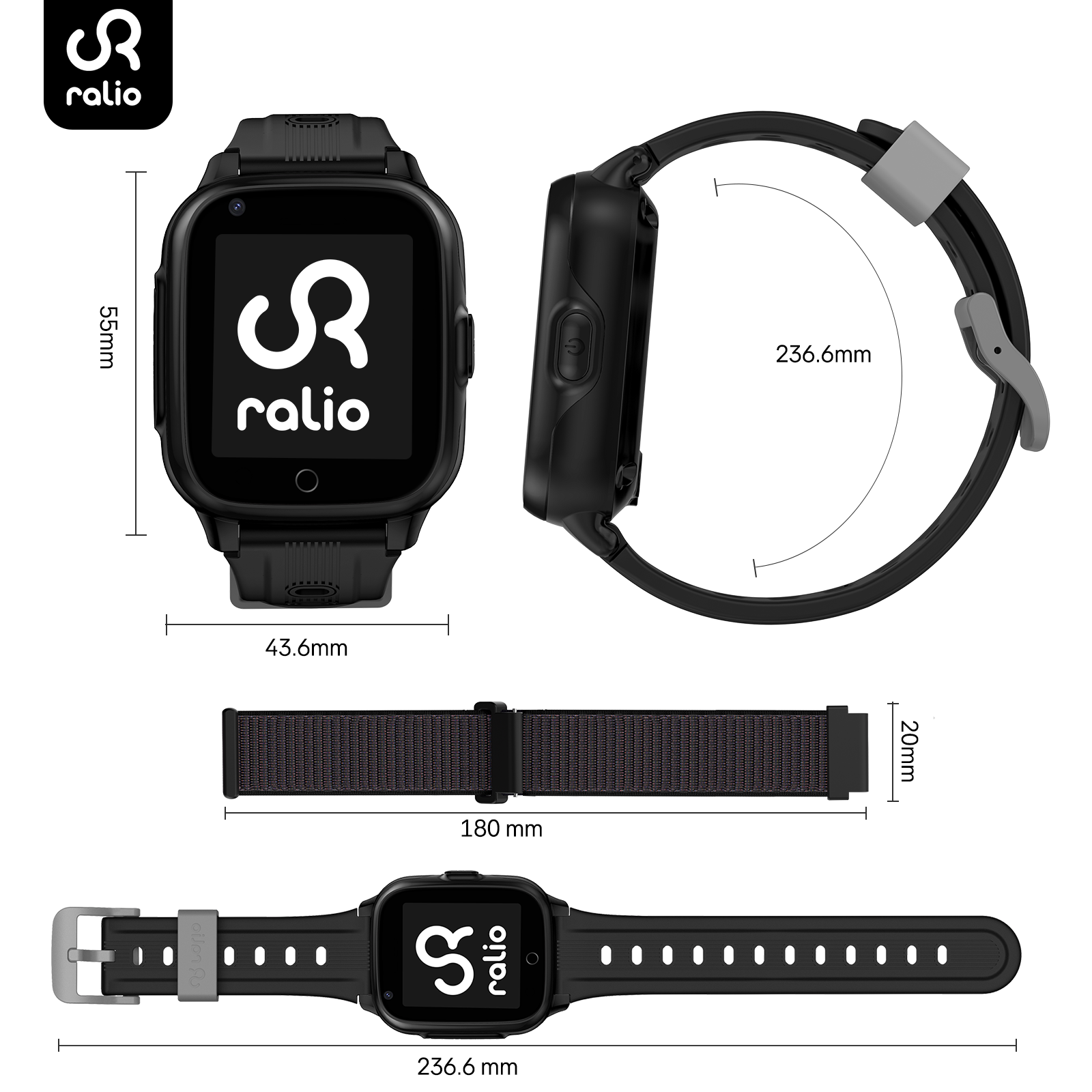 Diagramm mit den Maßen einer schwarzen Ralio-Smartwatch mit schwarzem Armband, Seiten- und Draufsicht mit Abmessungen.
