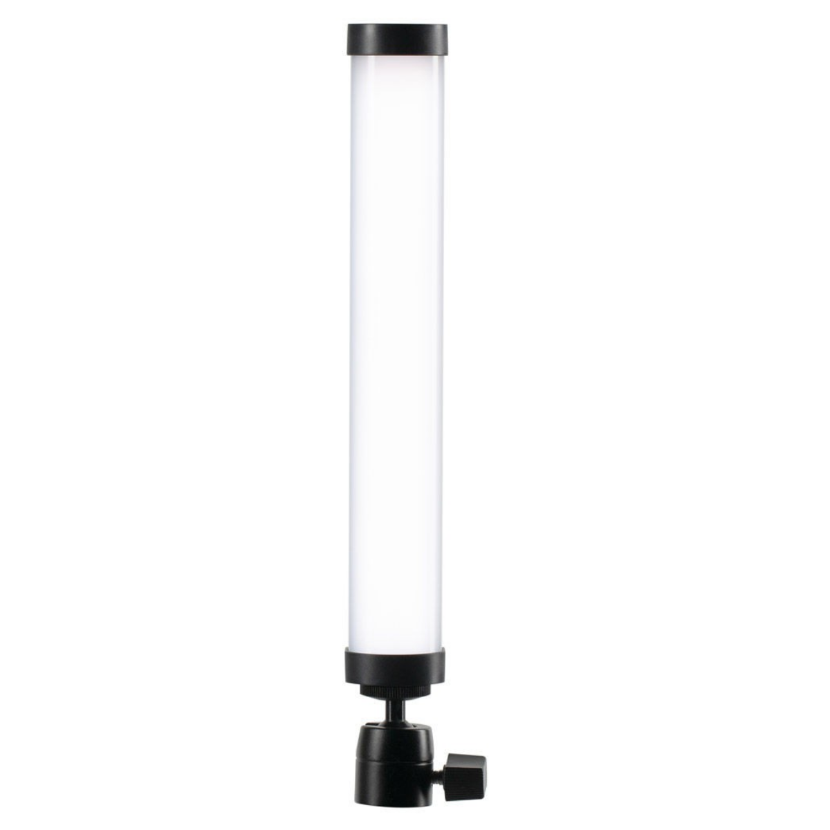 Una varilla de luz LED cilíndrica con soportes negros y un difusor blanco sobre fondo blanco.