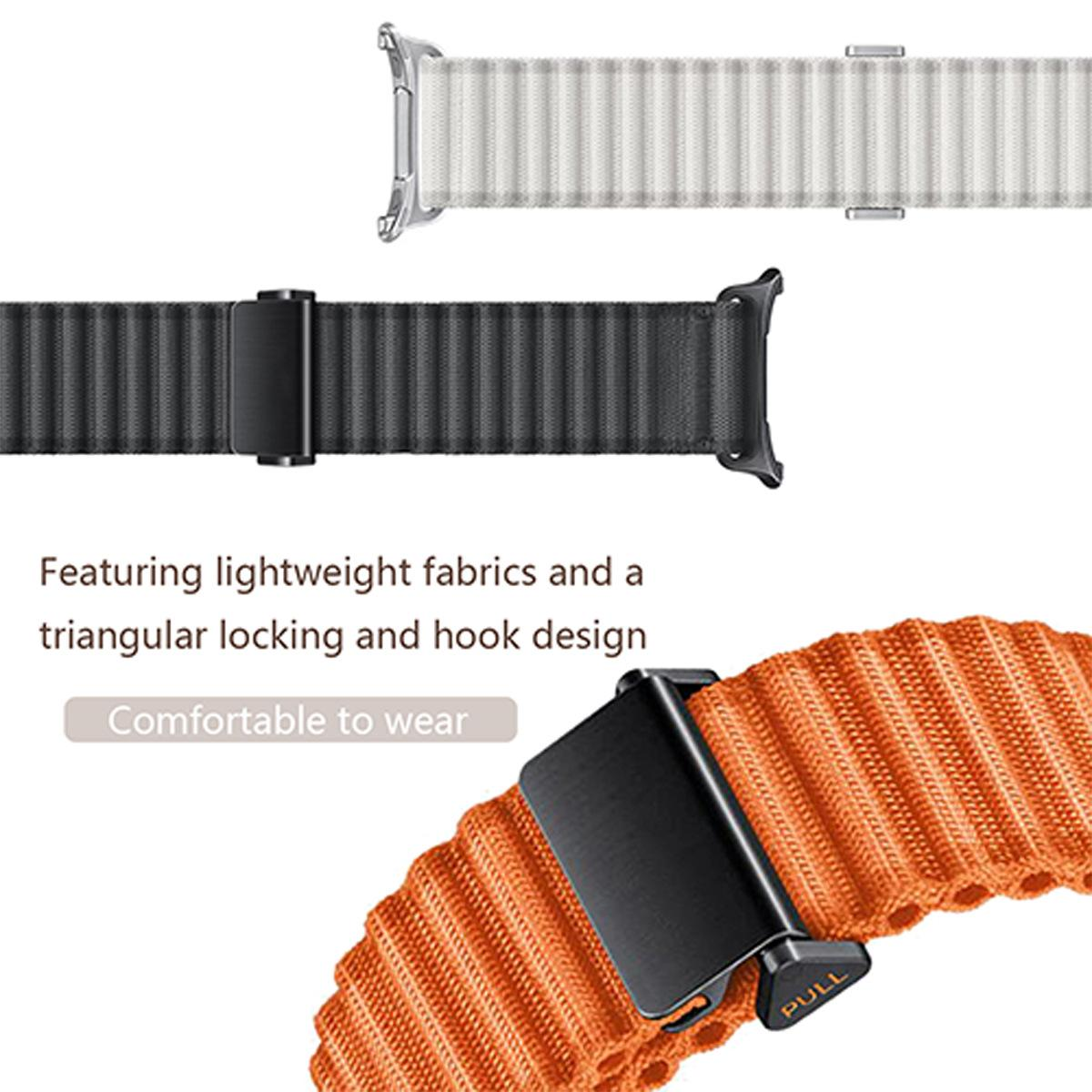 Drei gerippte Nylon-Smartwatch-Armbänder in Weiß, Schwarz und Orange mit schwarzem Verschluss.