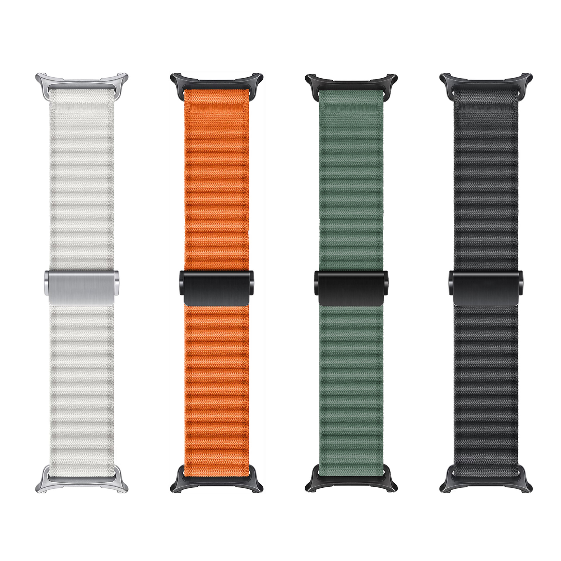 Vier gerippte Uhrenarmbänder in Weiß, Orange, Grün und Schwarz mit Metallverschlüssen auf weißem Hintergrund.