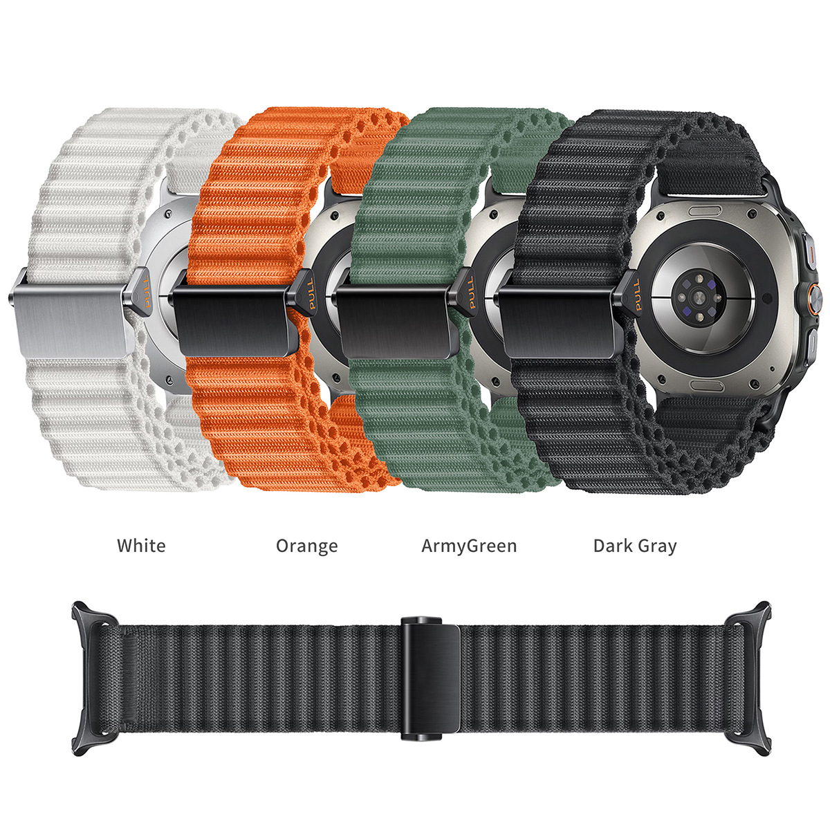 Vier Smartwatch-Armbänder in Weiß, Orange, Armeegrün und Dunkelgrau mit Magnetverschlüssen und flachem Band.