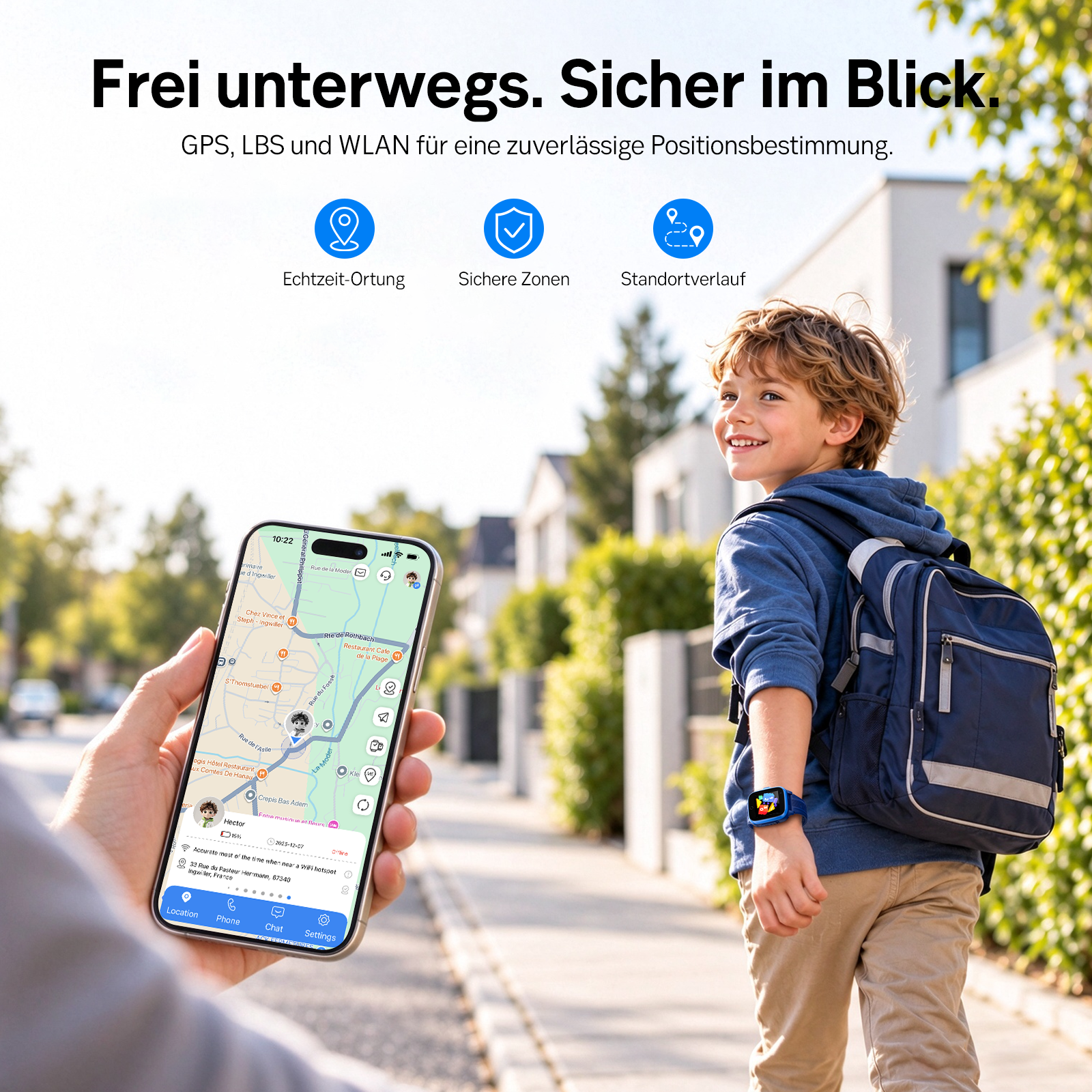 Ein Kind mit Rucksack geht die Straße entlang, während ein Smartphone eine GPS-Tracking-App zeigt.