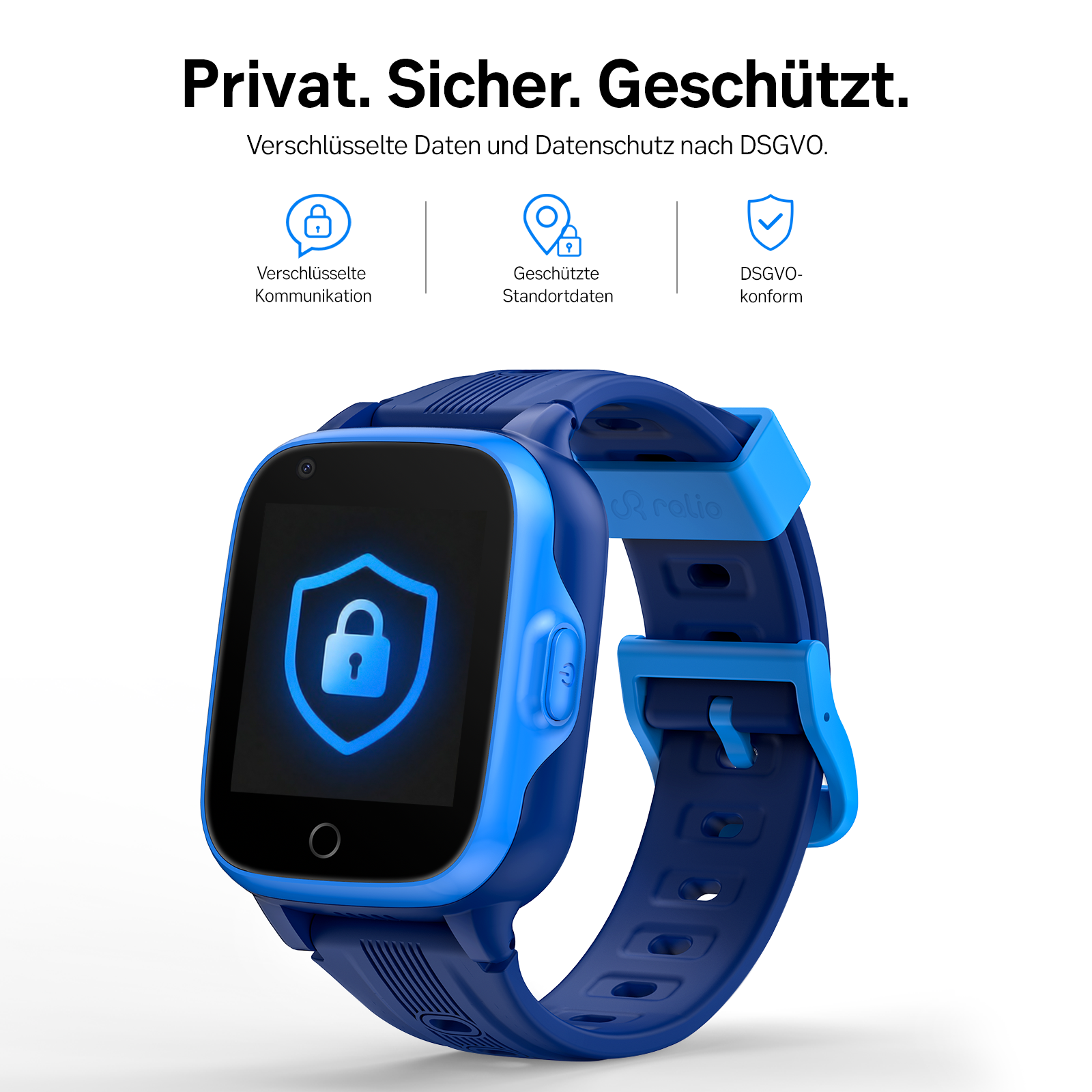 Eine blaue Kinder-Smartwatch mit einem sicheren Schloss-Symbol auf dem Bildschirm.